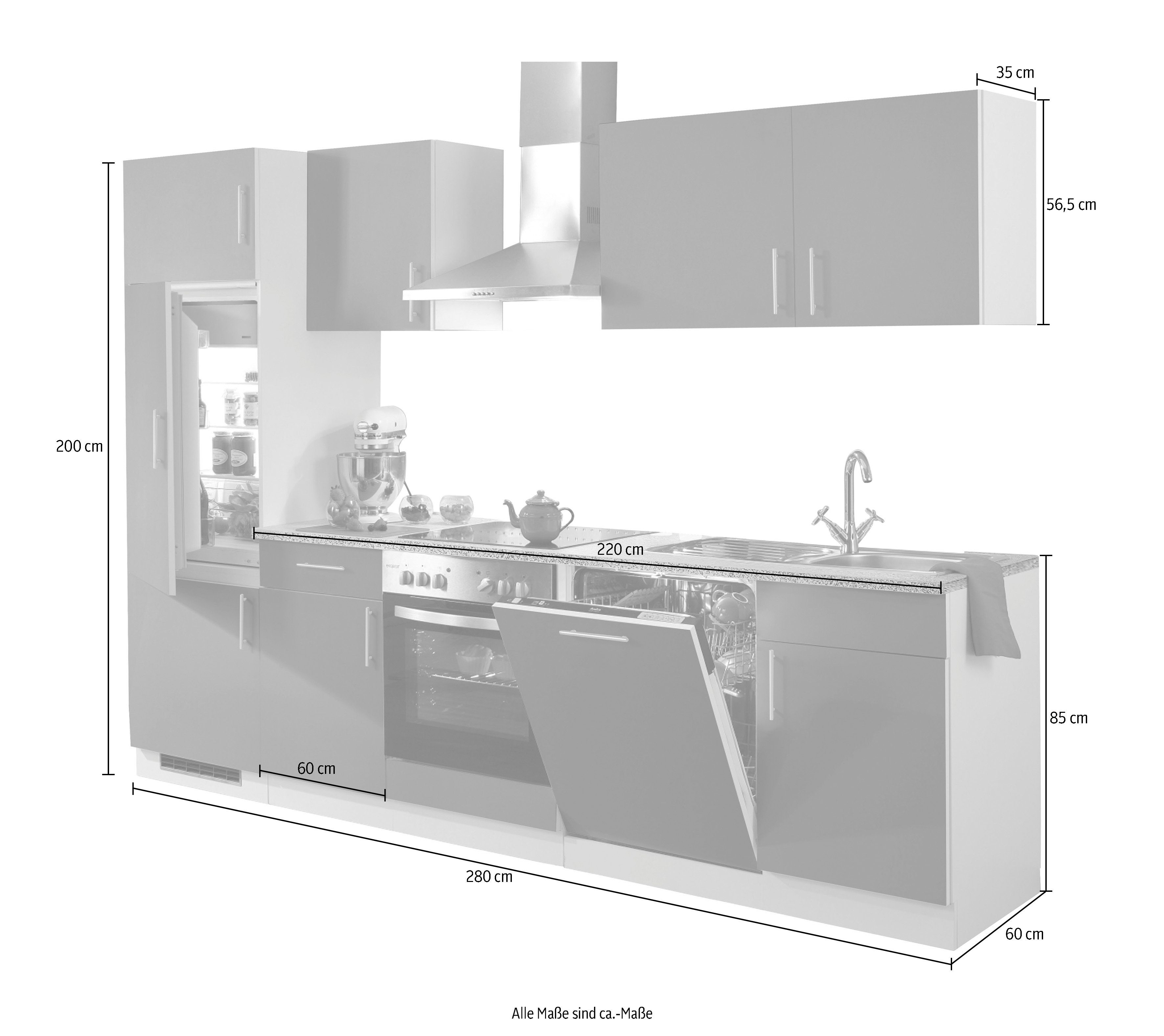 cm Küchen Breite | mit 280 wiho inkl. E-Geräten, Burgund/Steel Steel Küchenzeile Geschirrspüler, grey Kiel, grey