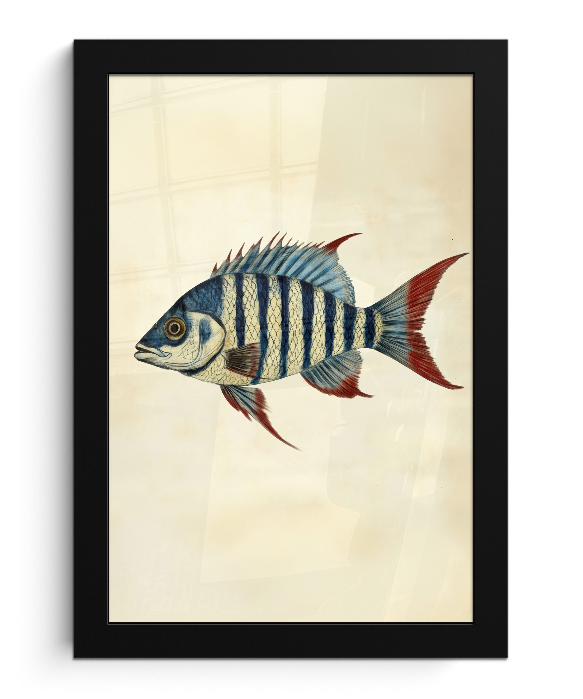 MuchoWow Poster Gestreift - Dunkelblau - Rückenflosse - Fisch, (1 St), Bilderrahmen, Zimmer Deko, Bild für Wohnzimmer, 20x30 cm