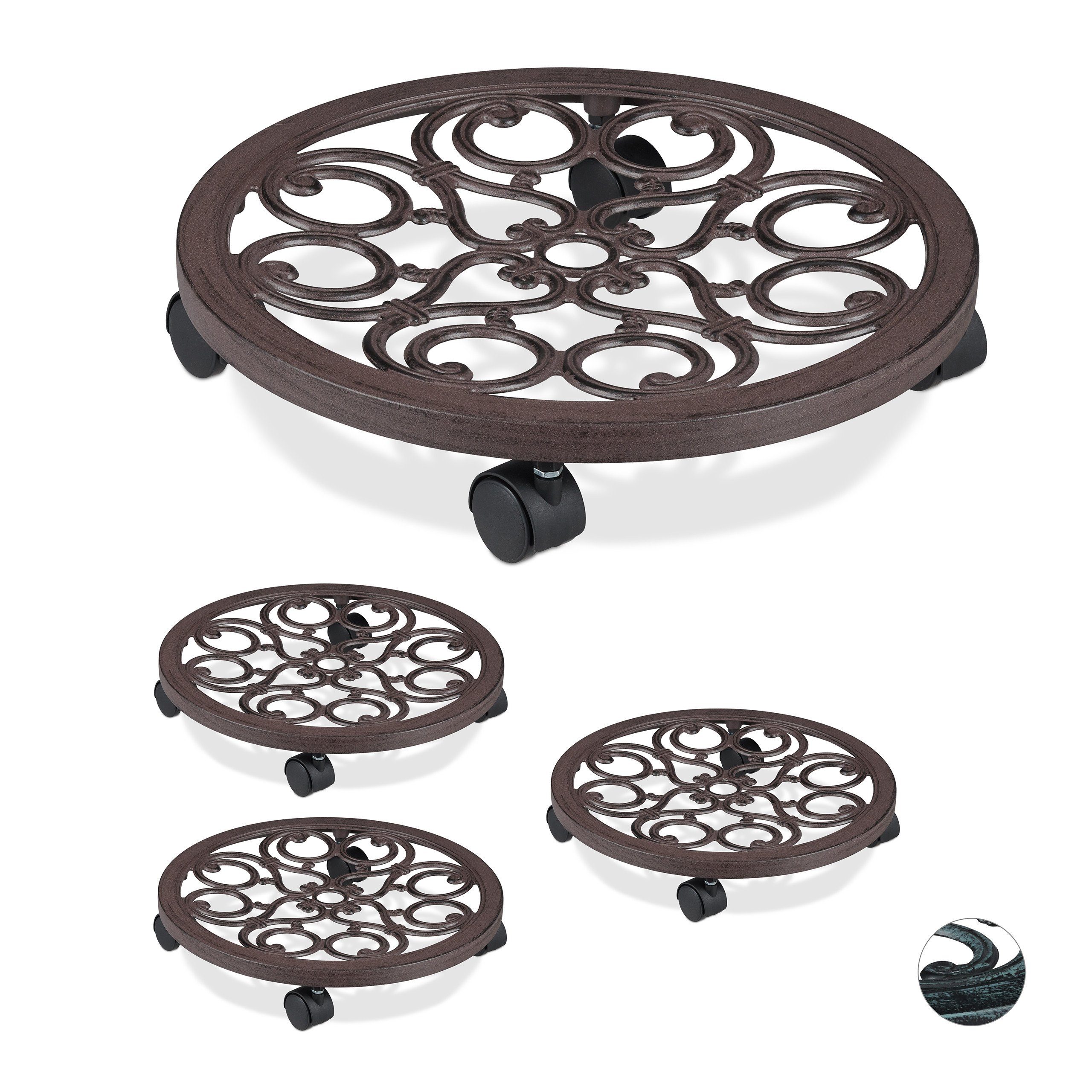 Blumentopfuntersetzer 4 x Pflanzenroller rund antik braun