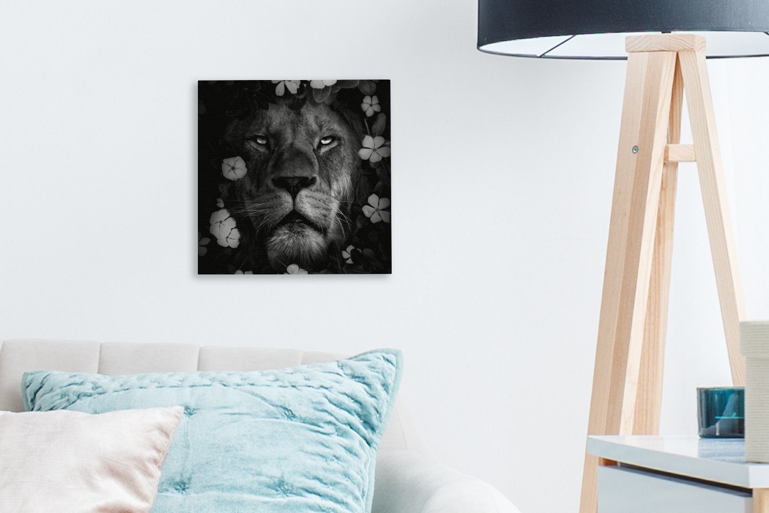für Leinwandbild St), - Bilder OneMillionCanvasses® Löwe Dschungel Weiß, (1 - Schlafzimmer Blumen Schwarz Leinwand - Wohnzimmer -