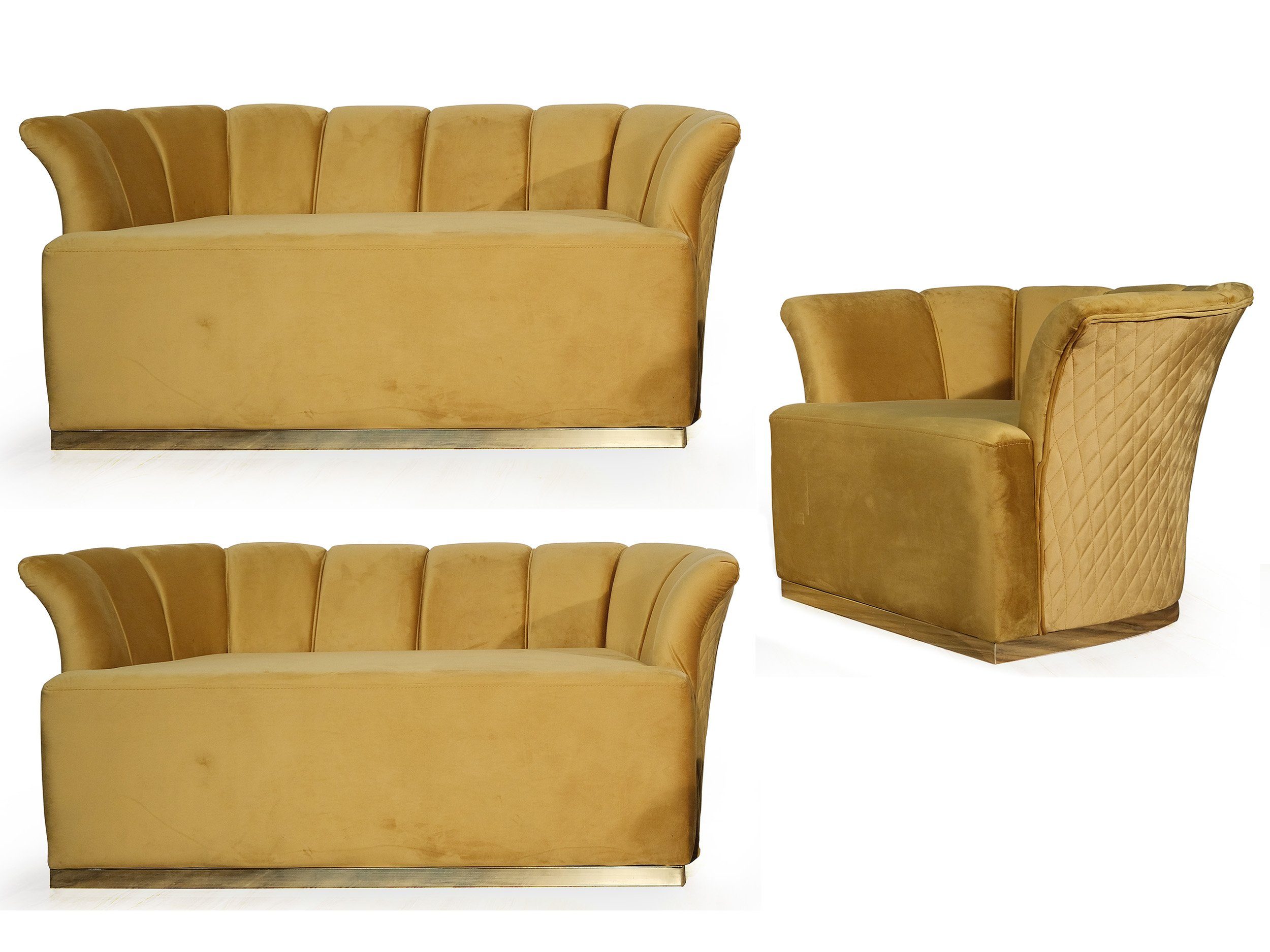 König der Möbel Loungesofa Ferrari 3 Teilige Sofa Set Rückenlehne in Muschel Optik, 3-tlg Sofa Gruppe, 2+2+1 Wohnlandschaft Beine Gold, Polstersofa mit edler Diamanten Musternaht Gelb