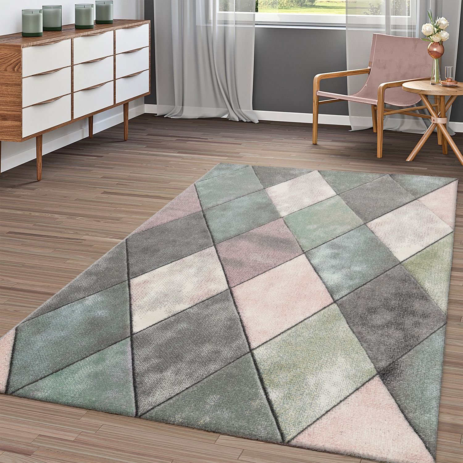 Teppich Wohnzimmer Teppich Bunt Pastellfarben Rauten Muster, TT Home, rechteckig, Höhe: 16 mm