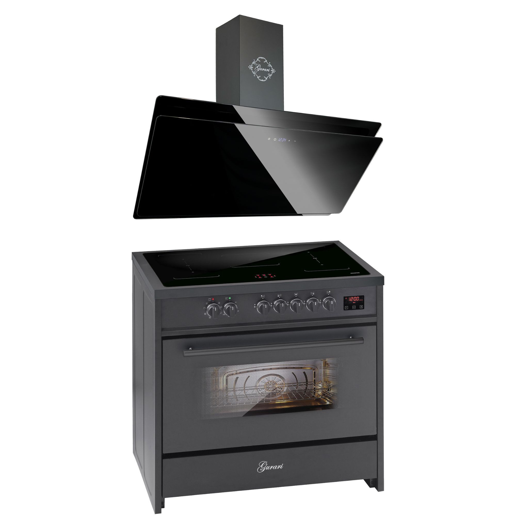 GURARI Induktions Herd-Set Range Cooker 90 cm, 5 Zonen, 121L+Dunstabzugshaube 90 cm E 913 BL+GCH S 411 90 BL PRIME N., mit 1-fach-Teleskopauszug