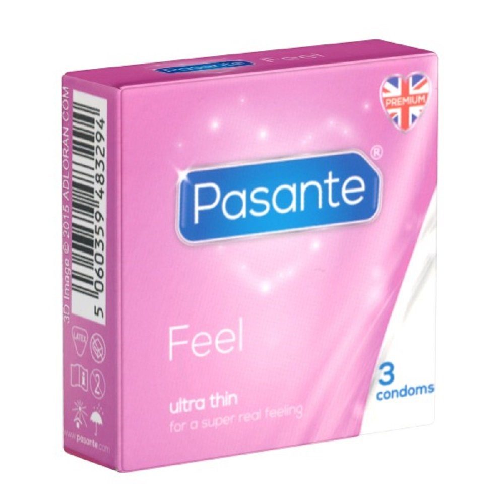 Pasante Kondome Feel (Sensitive) gefühlsechte Kondome Packung mit, 3 St., Kondome für empfindsame Liebhaber, extra dünn und feucht, für intensives Empfinden