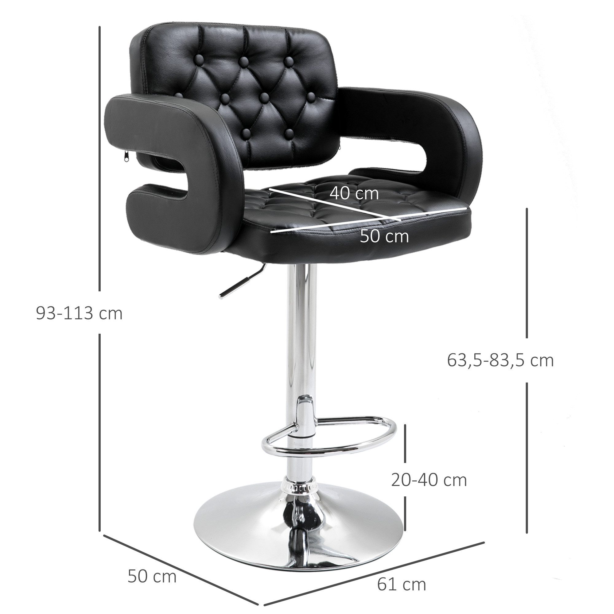 HOMCOM Barhocker Barstuhl mit Metallgestell, 360° Drehbar Tresenhocker (Höhenverstellbar Küchenstuhl, 1 St., 360° Drehbar Barstuhl), für Küche, Wohnzimmer, Esszimmer Schwarz