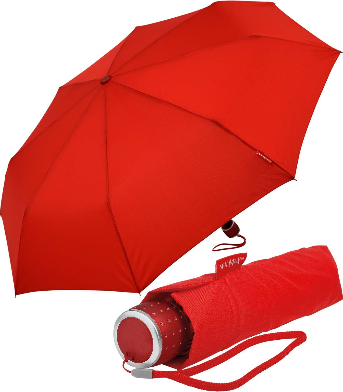 Impliva Taschenregenschirm ECO miniMAX® leicht Öko Regenschirm Handöffner, Stoff besteht aus recyceltem PET rot