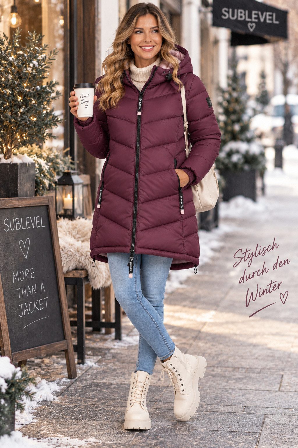 SUBLEVEL Steppjacke Damen Mantel mit Kapuze lange Winter Jacke Parka Stehkragen, Kapuze, flauschig, kuschelig, warm, Outdoor, Mantel – Bild 4 von 5