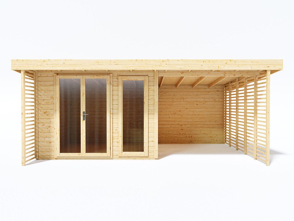 Woodtex Gartenhaus WOODTEX Gartenhaus mit Anbau Arvo 28 mm, BxT: 596x394 cm, Holz-Gartenhaus mit Fußboden, ideal als Gerätehaus & Schuppen