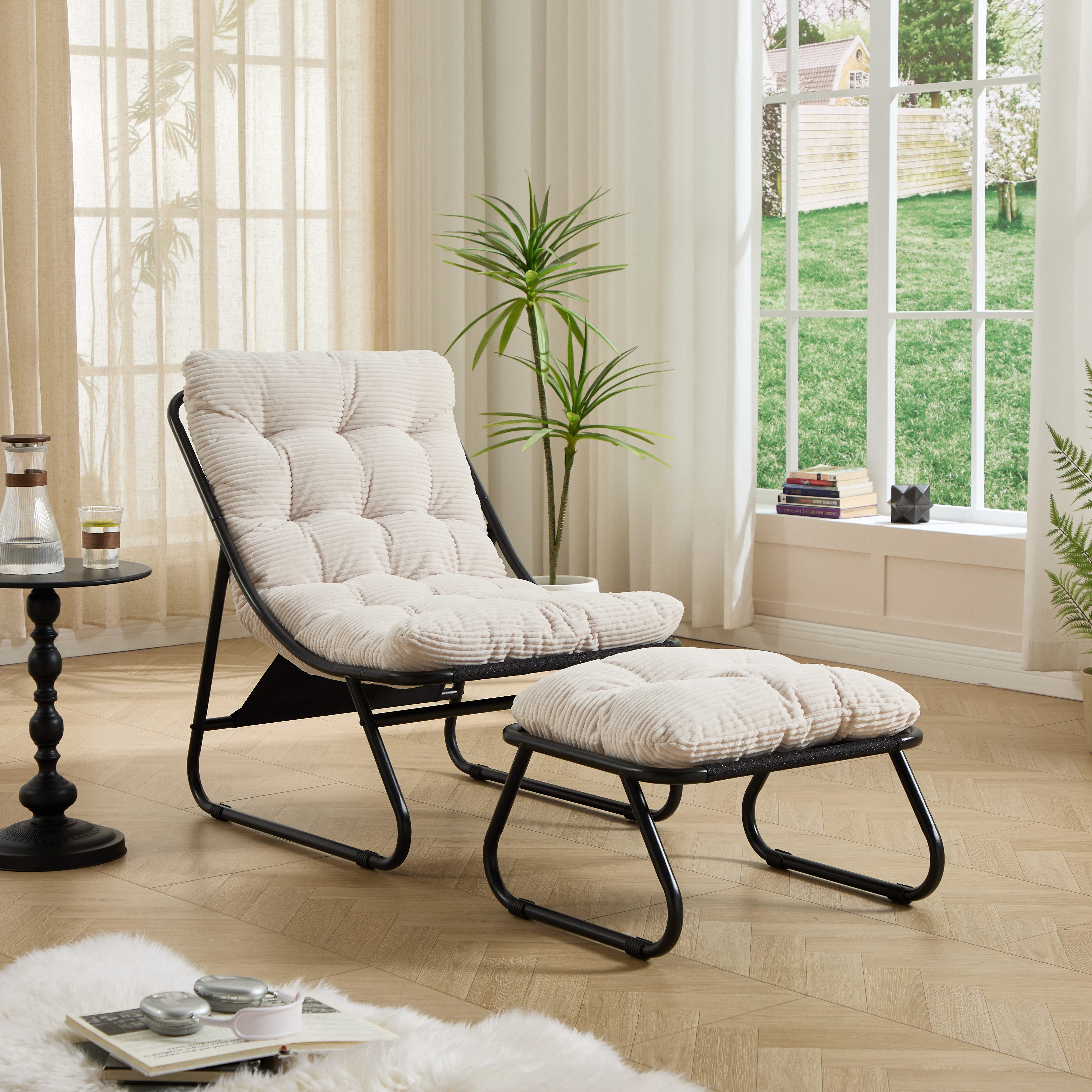 CHICFURN Loungesessel Outdoor-Sessel mit Hocker und weichem Sitzkissen (Packung, 2-St., Ideal für Wohnzimmer, Schlafzimmer oder Lesezimmer), Schwarzes Gestell & weißes Kissen