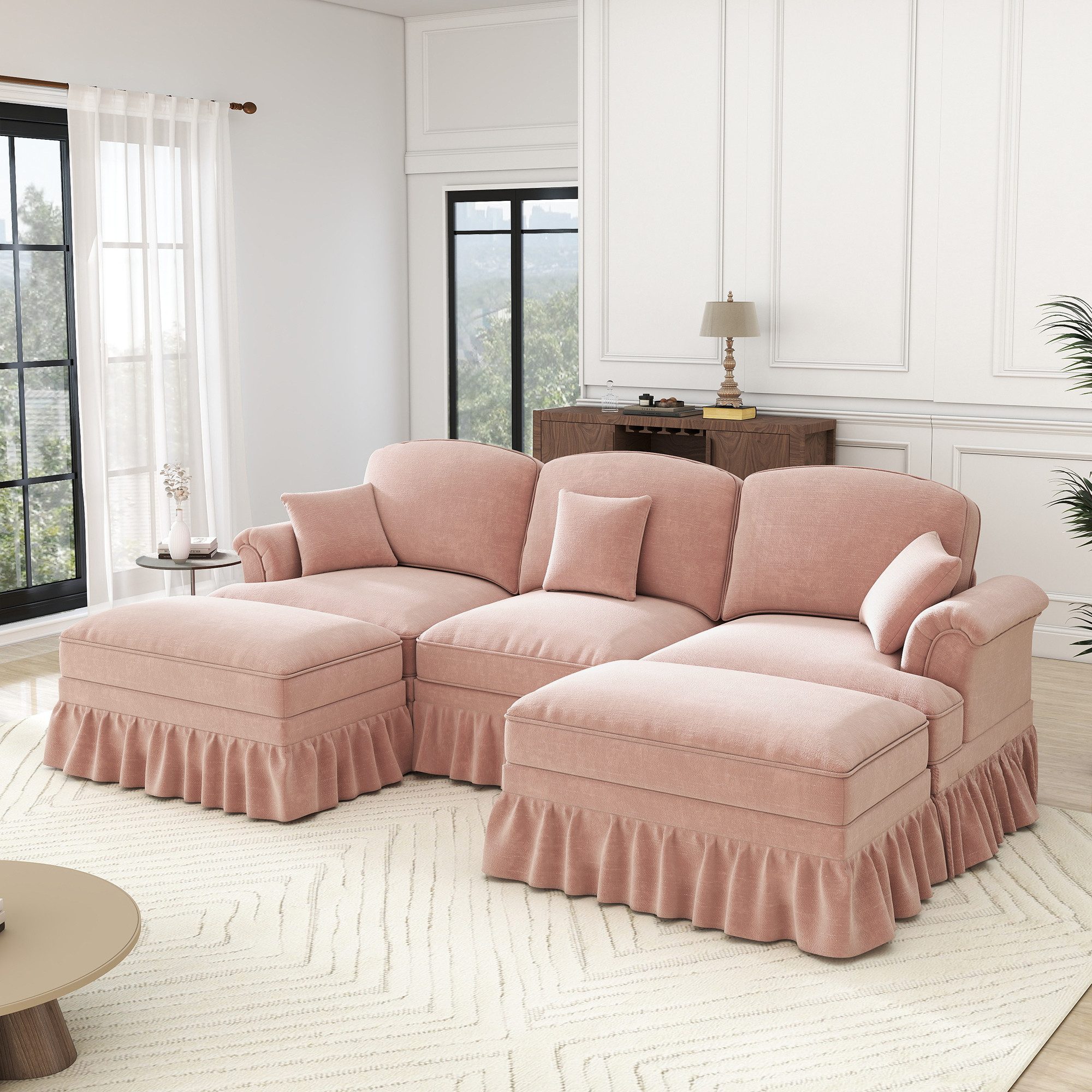 Odikalo Big-Sofa Ecksofa mit Schlaffunktion und Volant, Elegantes Mid-Century 2-3-4-5-Sitzer Sofa aus Chenille mit Trichter-Armlehnen, abnehmbarer Rüschenschürze & spindelförmigen Beinen – Komfortables Sofa fürs Wohnzimmer, Mehrfarbig