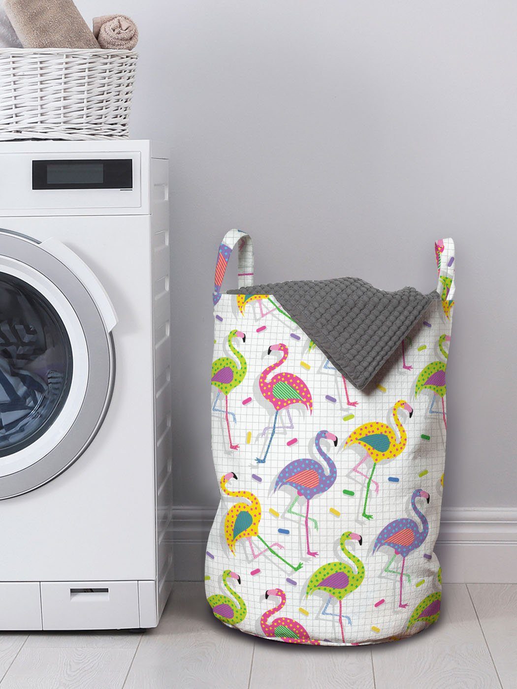 Retro Waschsalons, mit für Muster Abakuhaus Kordelzugverschluss Wäschekorb bunte Flamingo Wäschesäckchen Griffen