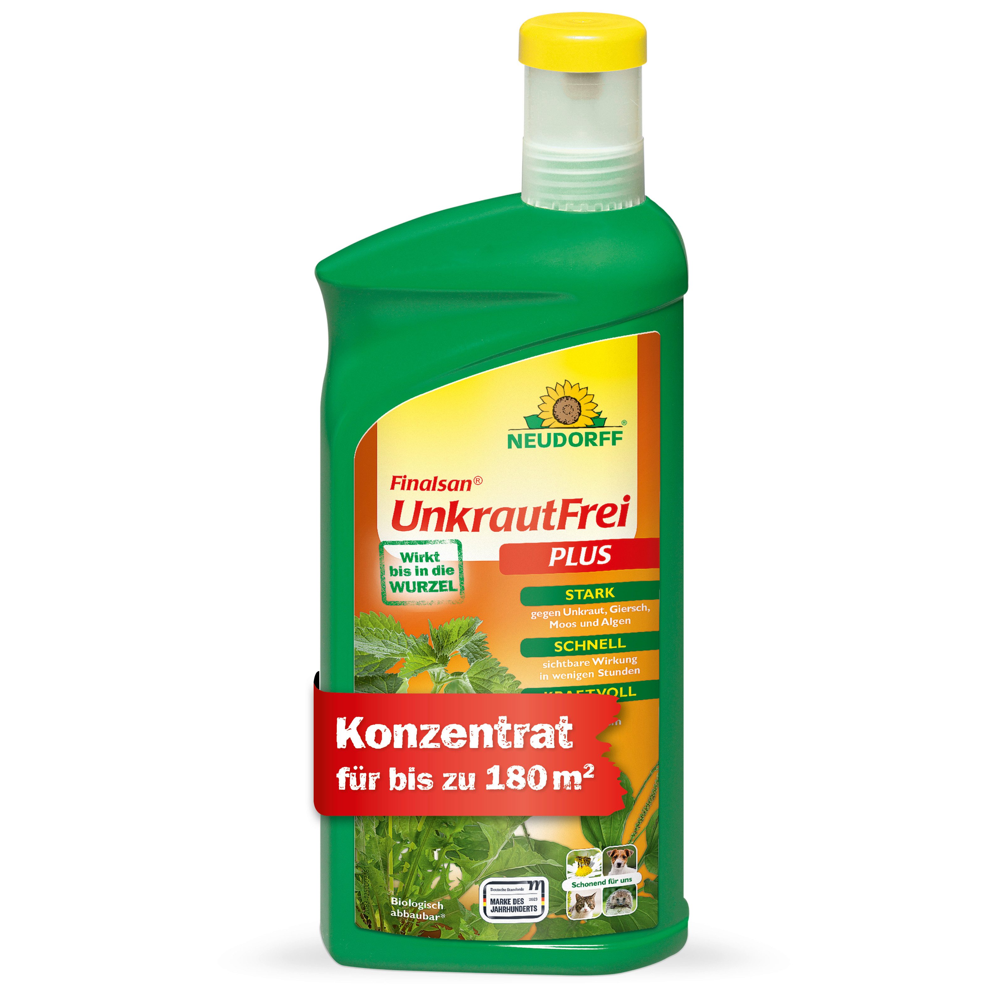 Neudorff Unkrautbekämpfungsmittel Finalsan UnkrautFrei Plus für 180 m², 1000 ml, 1 St., 2-fach-Wirksystem gegen Unkräuter Gräser Moose & Algen, 1 l Unkrautvernichter-Konzentrat, Glyphosatfreies Unkrautvernichter-Konzentrat mit 2-fach-Wirksystem