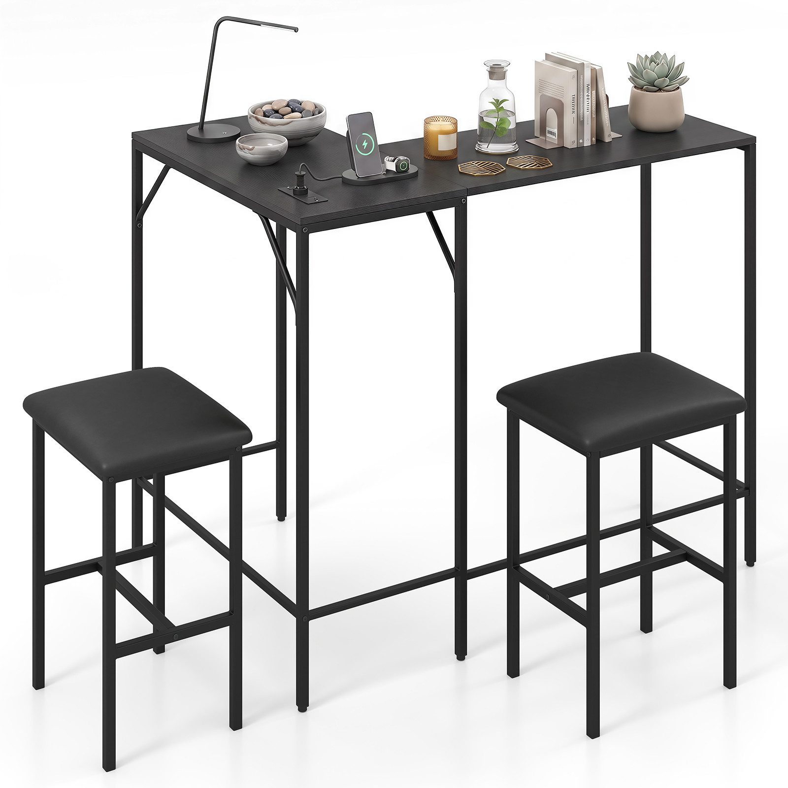 COSTWAY Bartisch mit Hocker 2er Set, Steckdose, Esstisch Set mit 2 Stühlen