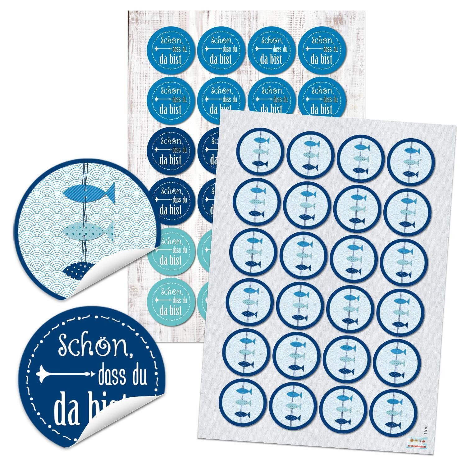 Logbuch-Verlag Aufkleber Aufkleber Set 24 x Schön, dass du da bist + 24 Fische - maritime