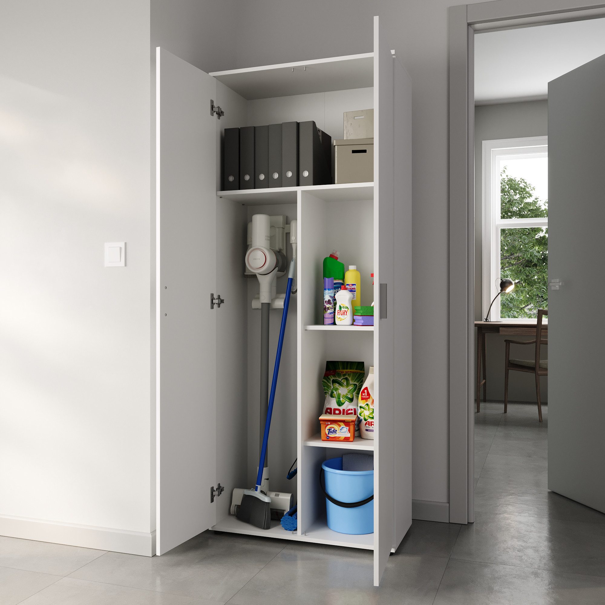 Home Collective Mehrzweckschrank 75 cm breit mit Einlegeböden 75x35x184 cm (BxTxH) Weiß mit 2 Einlegeböden und Fach für Staubsauger – Bild 5 von 5