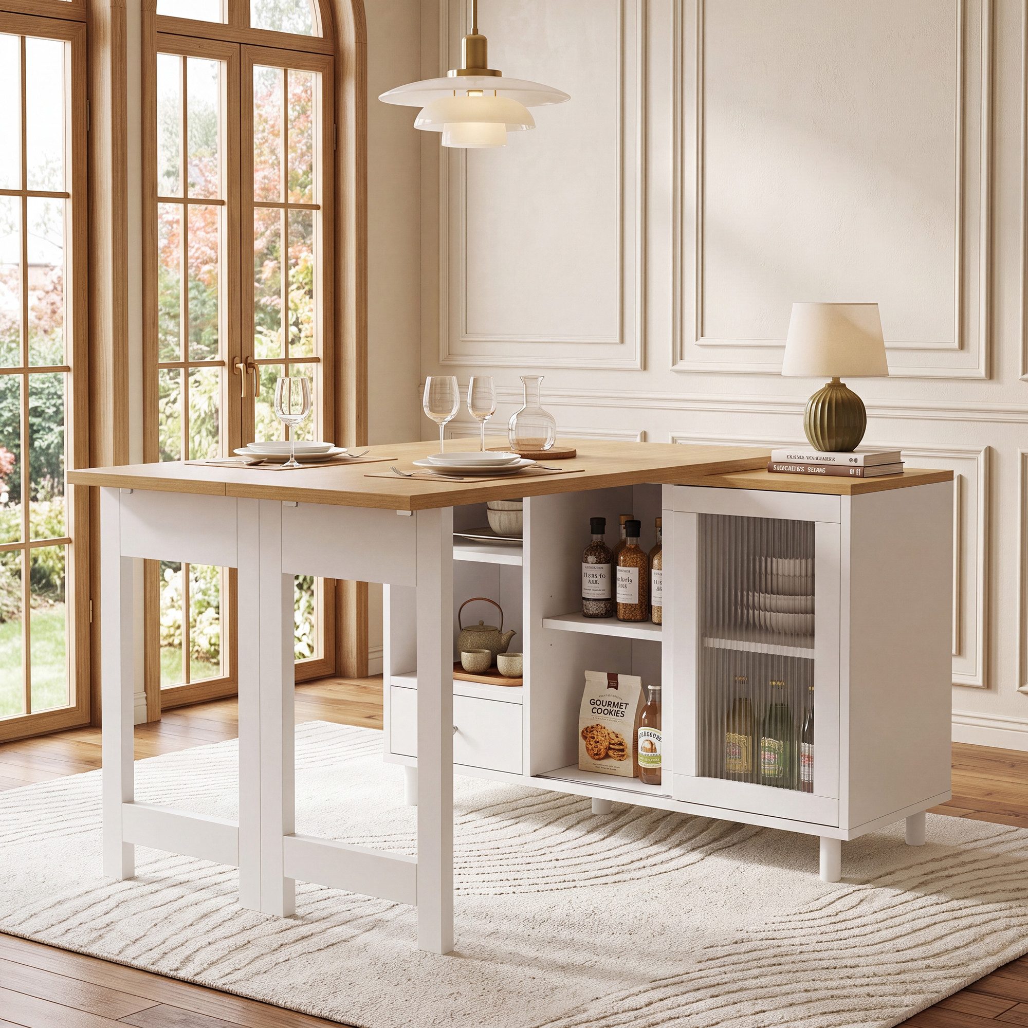 STILVORA Bartisch Ausziehbarer Klapptisch mit Stauraum Esstisch,Natur+Weiß (Klappbarer Esstisch mit Sideboard, Stauraum und Schiebetür, 3-in-1 Design, klappbar, Schubladen, Milchglas, offene Fächer), Für Esszimmer, Küche, kleine Wohnungen und Wohnbereiche