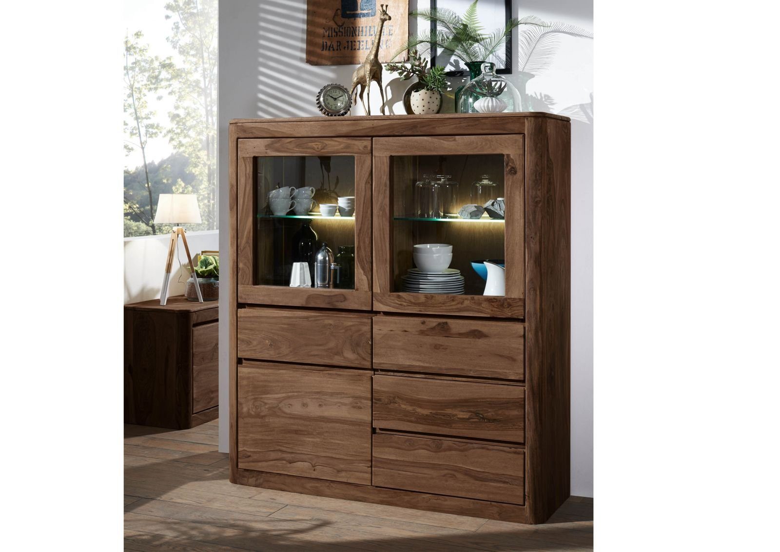 Massivmoebel24 Highboard Highboard Sheesham 128x40x145 smoked cherry gebeizt TORONTO #103