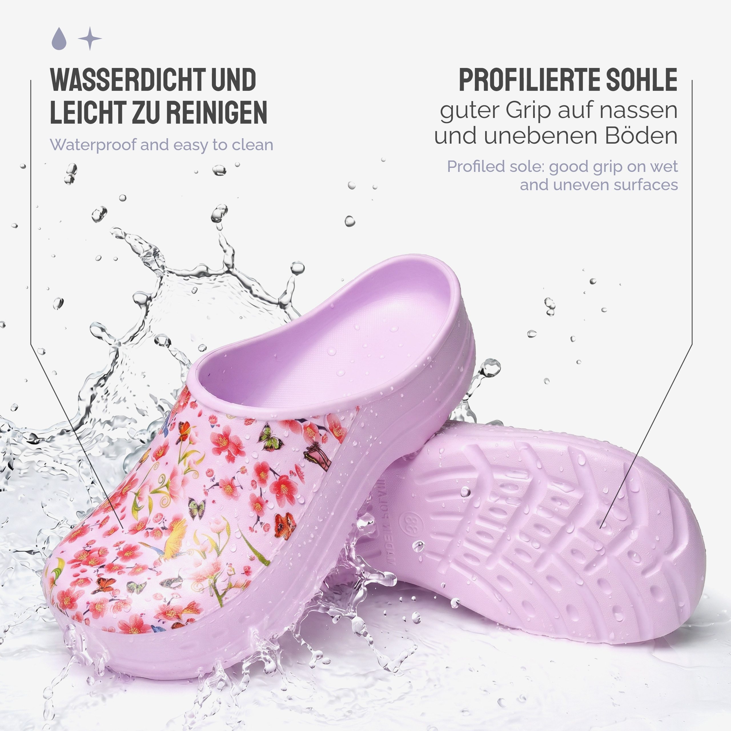 Ladeheid Gartenclogs für Damen Ultraleicht EVA Gemustert Gartenschuhe LA-CA-27 Clog (38 EU, Helllila/Blumen) Wasserdicht & Flexibel – Bild 3 von 5