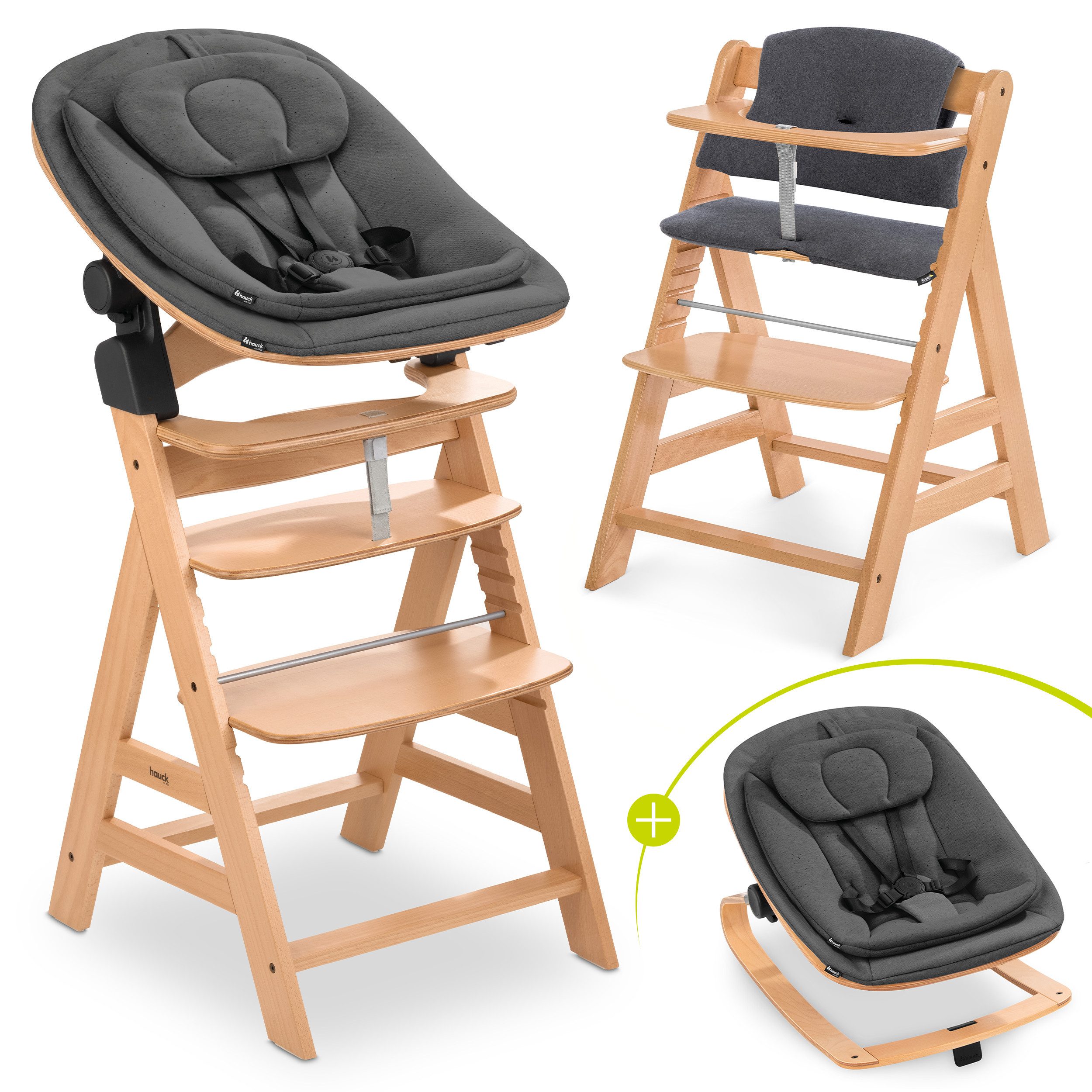 Hauck Hochstuhl Alpha Plus Newborn Set Eco - Natur, Holz Babyhochstuhl ab Geburt inkl. Neugeborenenaufsatz & Sitzauflage