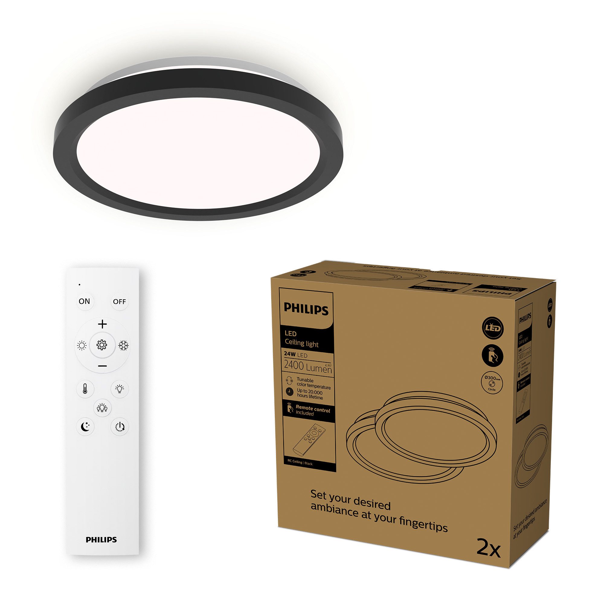 Philips LED Deckenleuchte Multipack 2x All In One 24W, 2400 Lumen, 30cm rund, schwarz, CCT - über Fernbedienung, Dimmer, Dimmfunktion, Farbsteuerung, Fernbedienung, Infrarot inkl., Memoryfunktion, dimmbar über Fernbedienung, mehrere Helligkeitsstufen, LED wechselbar, warmweiß - kaltweiß, inkl. Fernbedienung