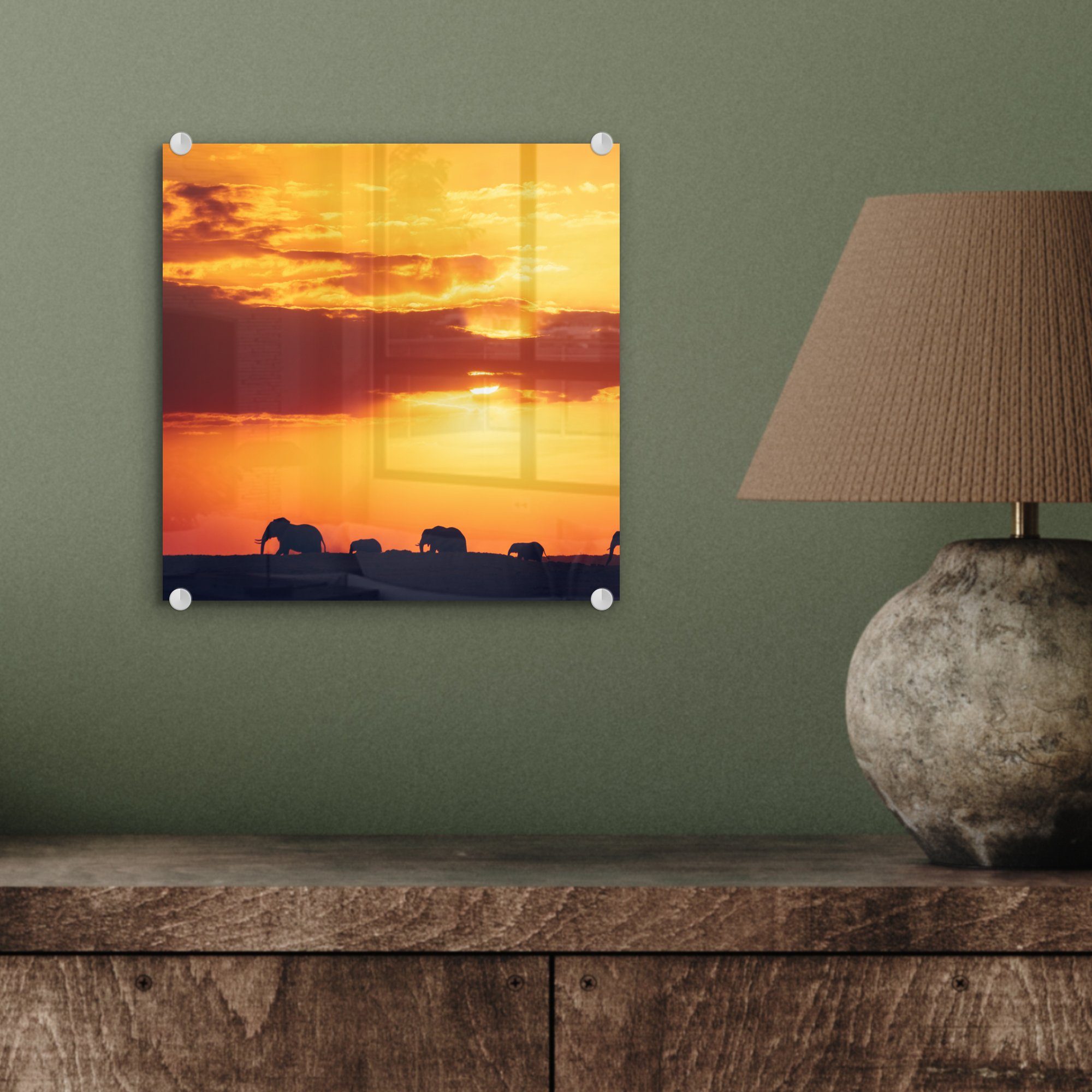 Acrylglasbild MuchoWow Horizont Glas Elefanten Sonnenuntergang - - (1 auf Tiere, - St), - Bilder - Wandbild Glasbilder Foto Glas - Wanddekoration auf