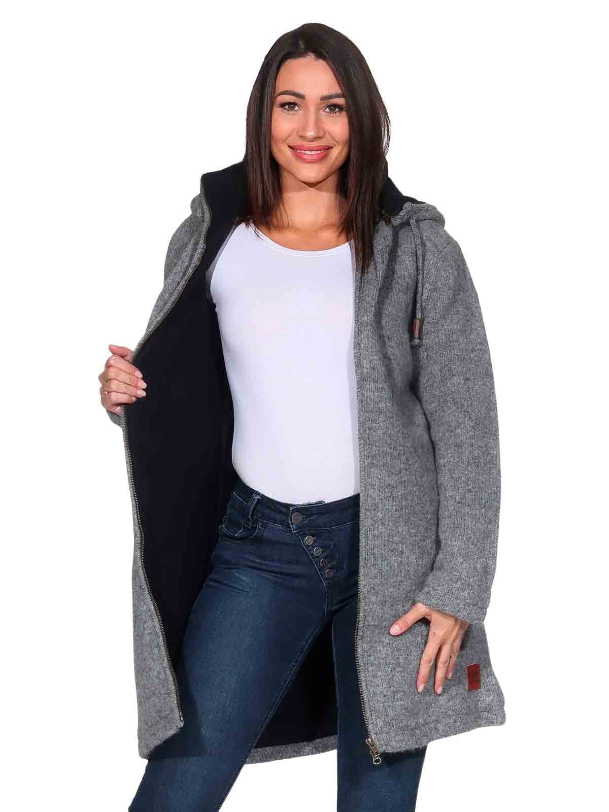 KUNST UND MAGIE Longstrickjacke Klassische Strickjacke Kurzmantel Wolle + Fleecefutter Kapuze Boho