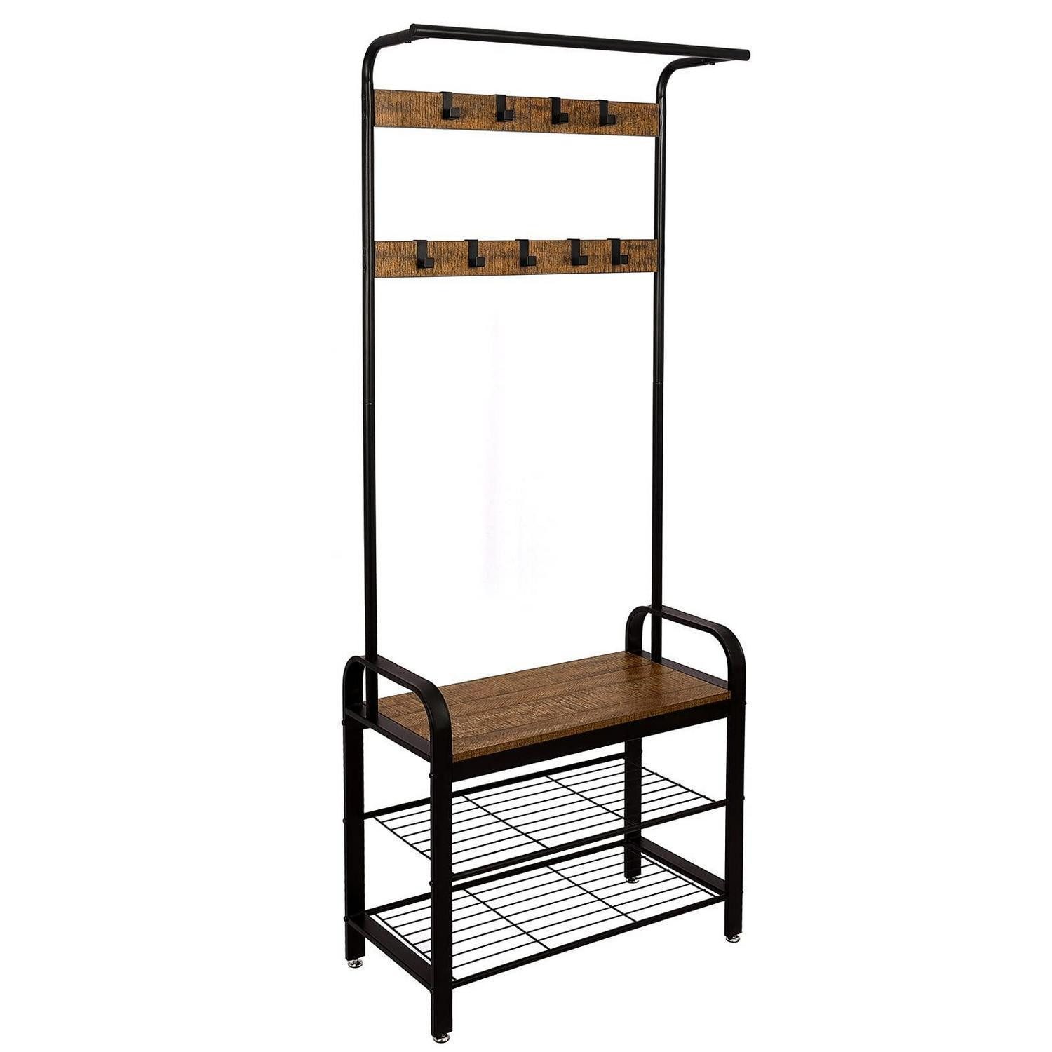 LuxusKollektion Kleiderständer Garderobe mit Schuhregal, 3 Ebenen, 9 Haken, Braun-Schwarz, (1 St)