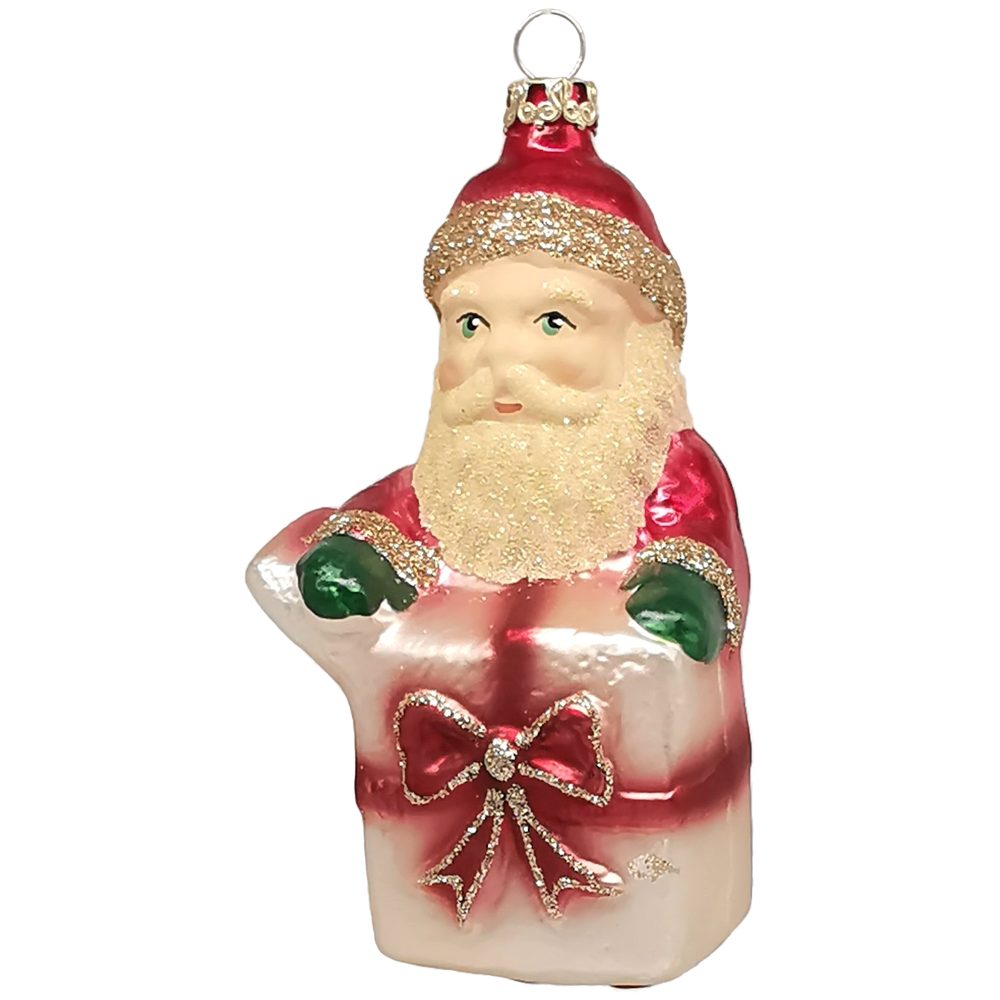 Thüringer Glasdesign Christbaumschmuck Weihnachtsmann mit Geschenk (1-tlg), mundgeblasen, handbemalt