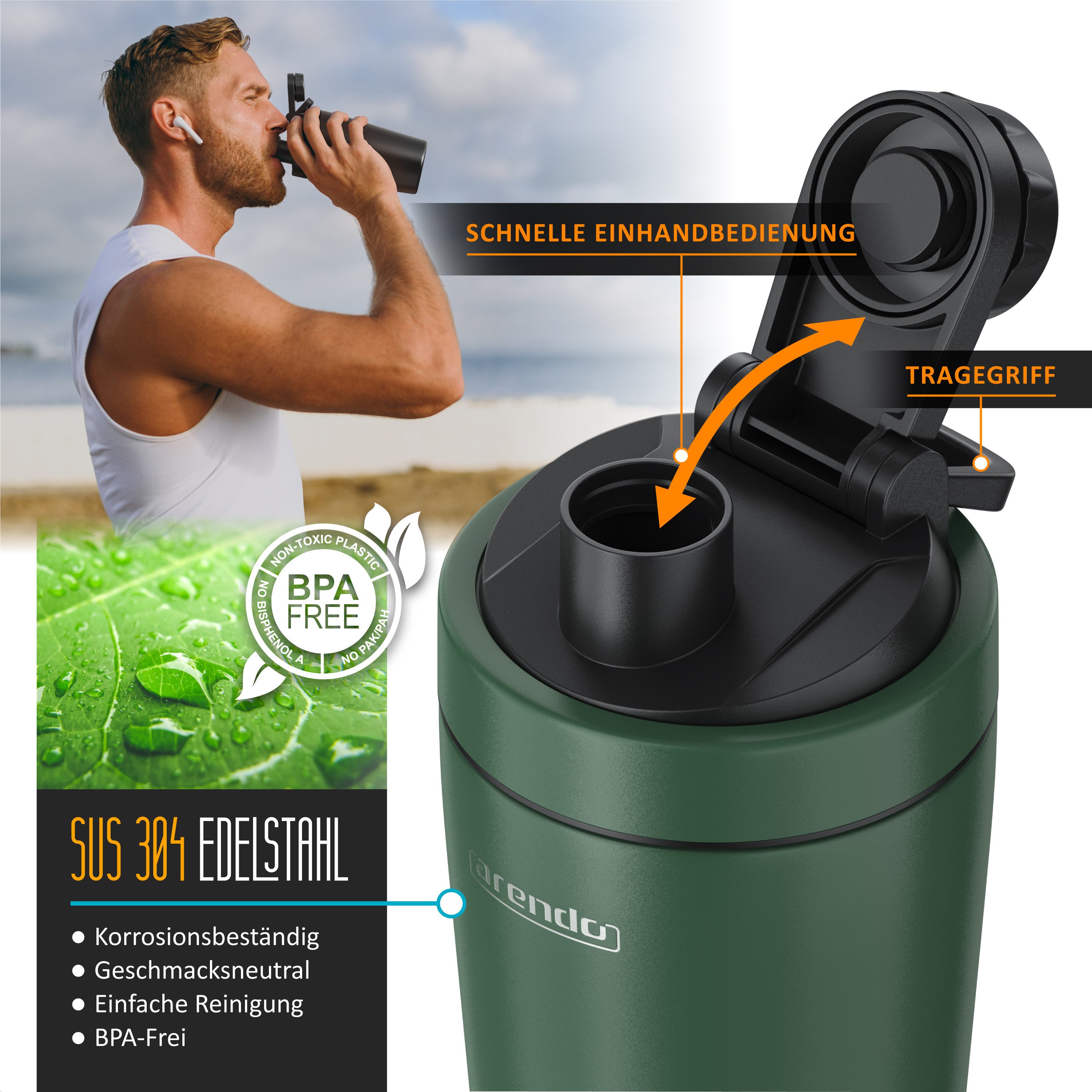 Arendo Protein Shaker Edelstahl Eiweißshaker 750 ml, verschließbar, bruchfest, BPA-frei, Edelstahl, (1-tlg), auslaufsicher, spülmaschinengeeignet, mit Tragegrif – Bild 3 von 5