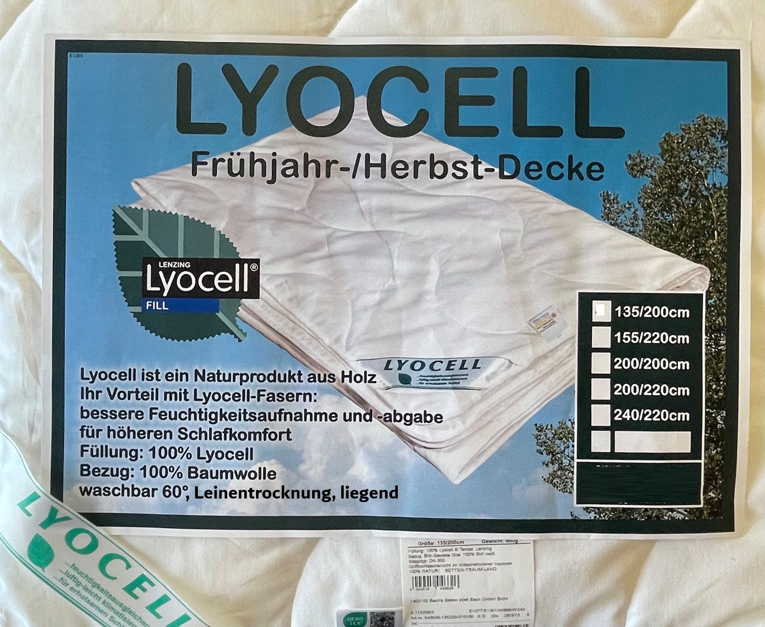 Bach's Bettenwelt Naturfaserbettdecke Neu Frühjahr Herbst Übergangsdecke Lyocell Tencel Lenzing™, Feuchtigkeitsausgleichend, atmungsaktiv, leicht und mittelwarm