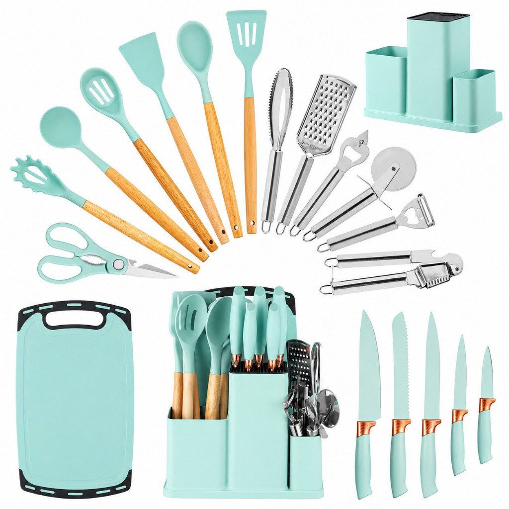 Diyarts Kochbesteck-Set (Set, 23-tlg., Setumfang: Beige 23-teilig, Grün, Weiß und Schwarz 20-teilig), Silikon-Kochflächen, Holzgriffe, Edelstahl, inkl. Kochmesser