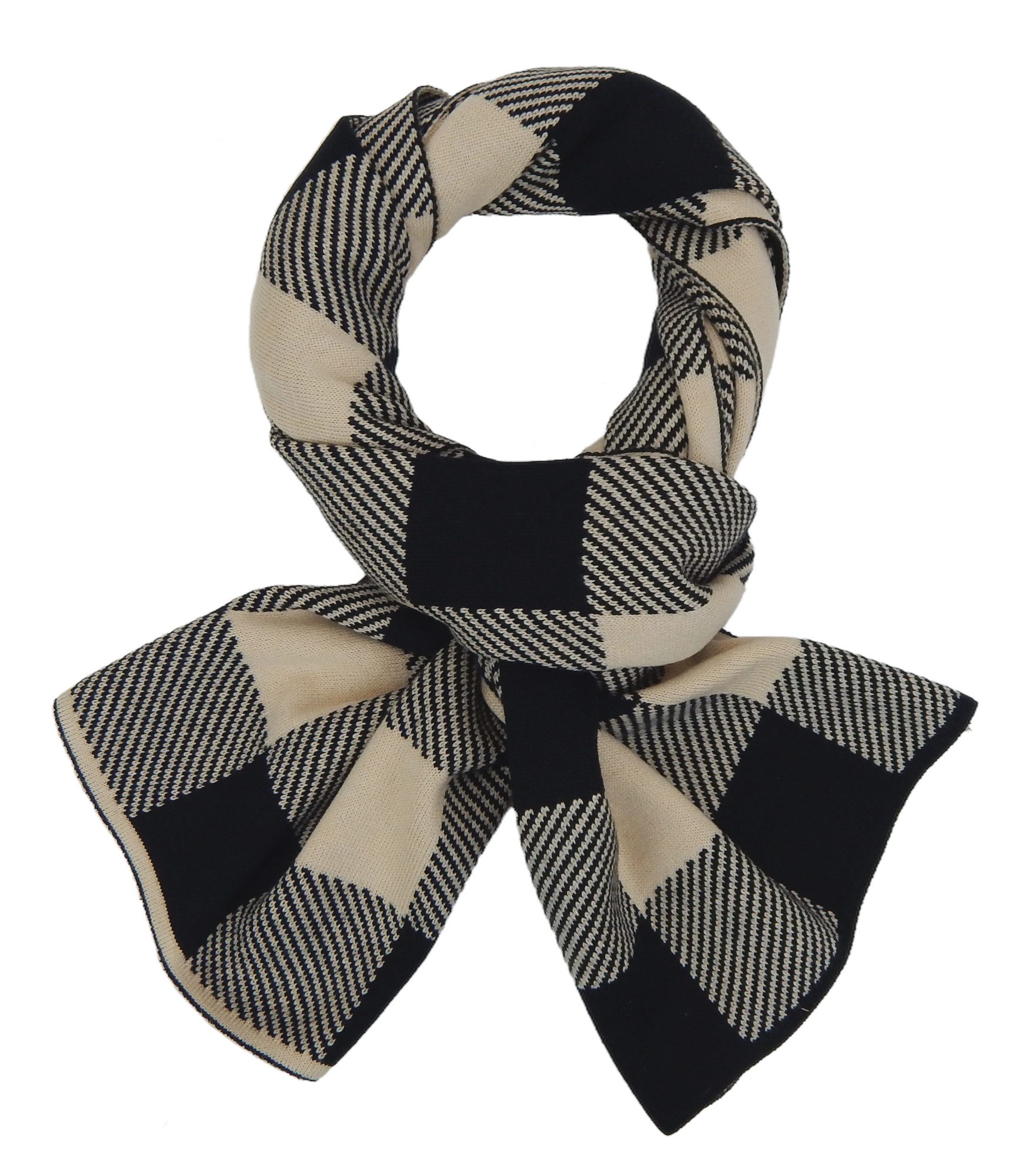 Ella Jonte Modeschal, Schwarz Beige Herbst Winterschal mit Karomuster - Feinstrick
