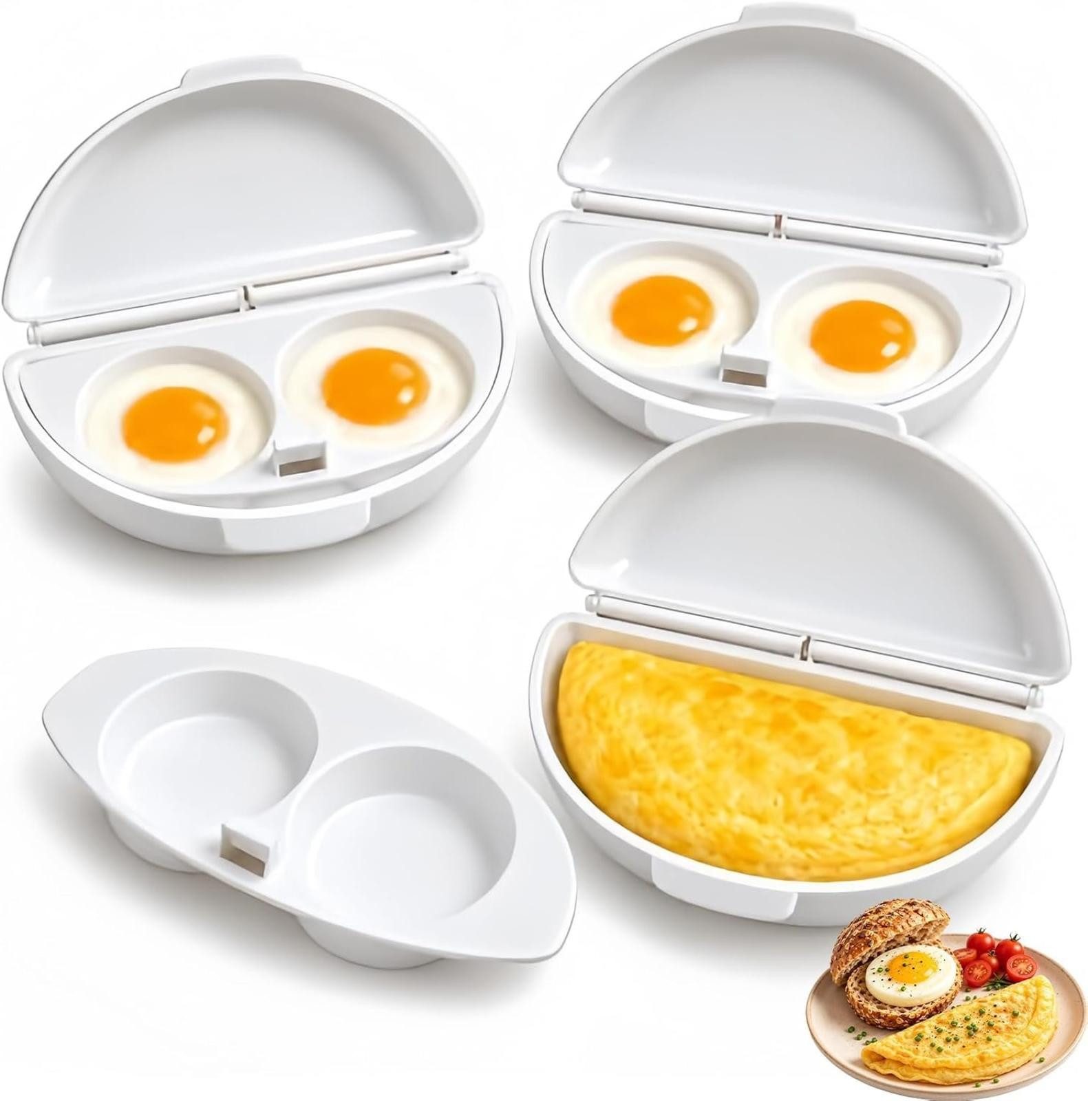 FELIXLEO Omelette-Maker Omelett Maker 2 in 1 Mikrowellen Eierkocher mit Deckel 3 Stück Weiß