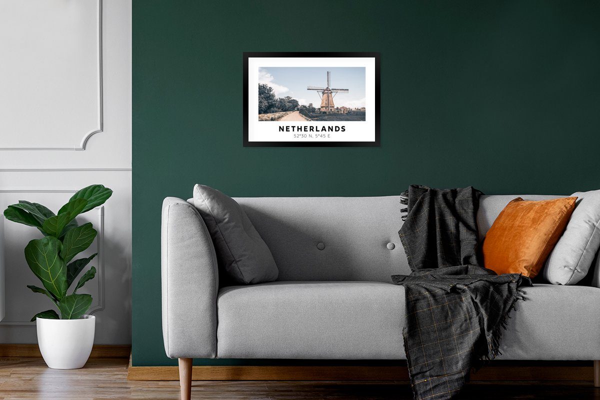 (1 - Bilderrahmen Wanddeko, - Poster, Poster Windmühle MuchoWow Sommer, Schwarzem Bilder, Wandposter, Gerahmtes St), Niederlande