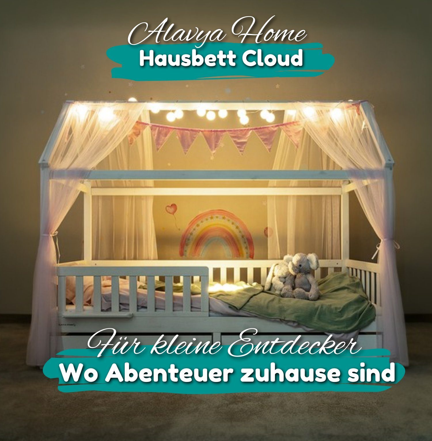 Dekoset mit Jugendbett Rosa Lattenrost, ohne Deko cm), massivem Schubladen, zertifizierter Liegefläche Set Hausbett KOMPLETT Schubkästen Matratze, Alavya Matratze I cm 90x200 - mit CLOUD Schubladen Home® Kiefernholz (Kinderbett und aus ohne SET FSC inkl. KOMPLETT Rosa Rausfallschutz Massivholzbett - und Weiß 200x90 ohne und