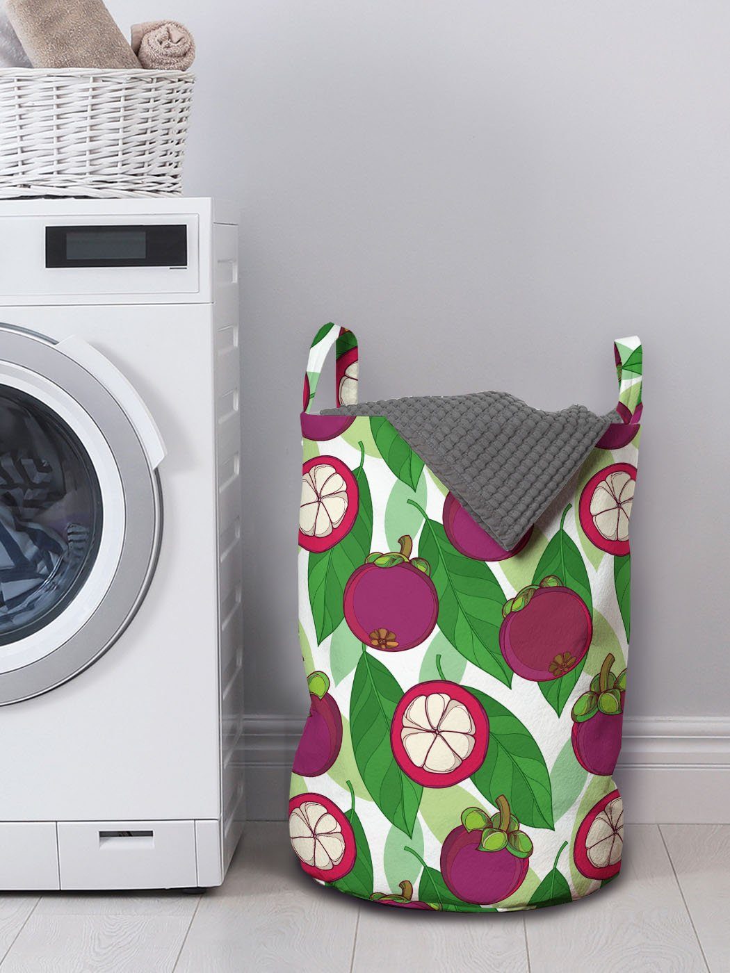 Wäschekorb Waschsalons, für Wäschesäckchen Lila mit Grün Abakuhaus Griffen und Kordelzugverschluss Mangostan-Frucht-Blätter