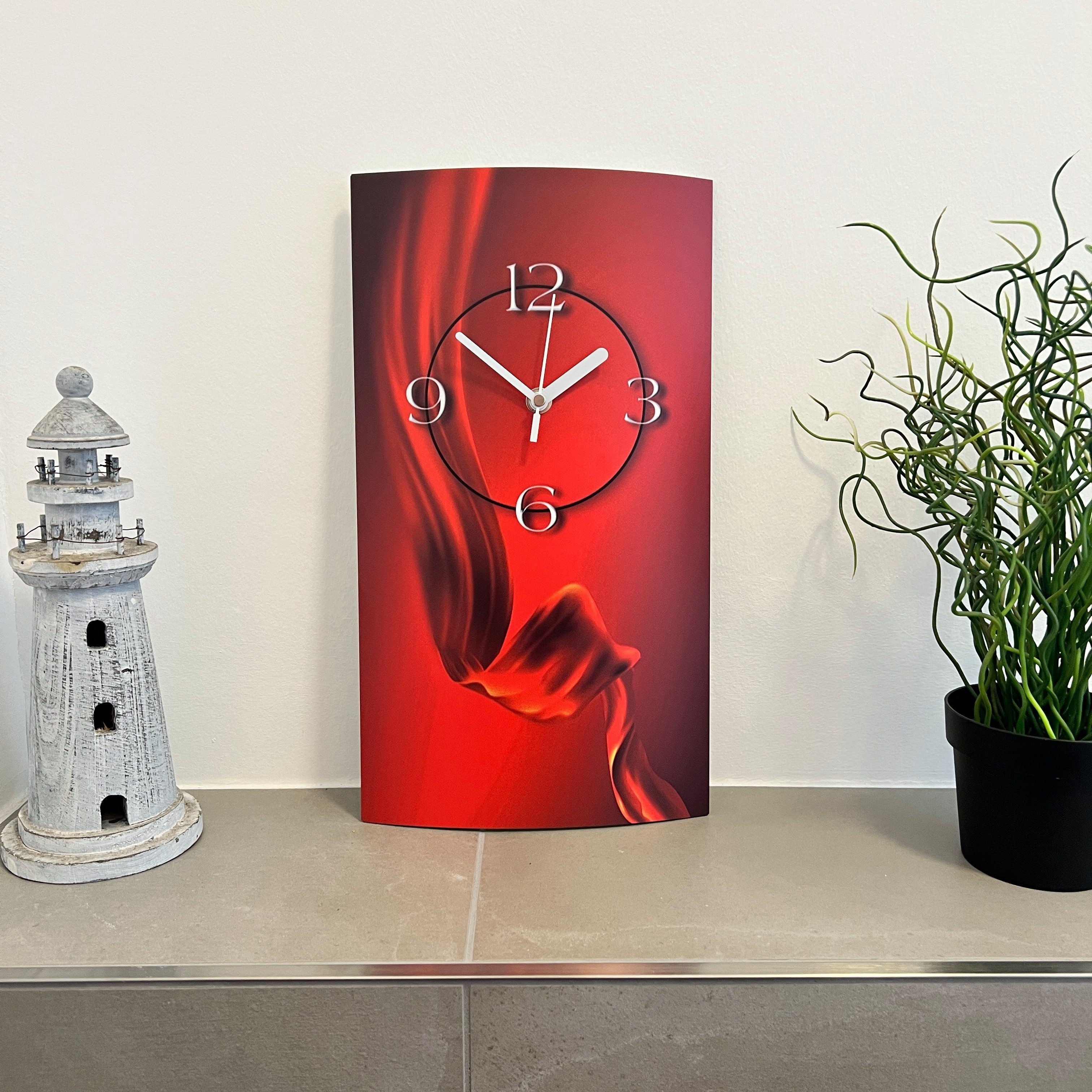dixtime Wanduhr aus rot Wanduhr 4mm modernes Design Wanduhren hochkant Designer Abstrakt (Einzigartige Alu-Dibond) Seide 3D-Optik