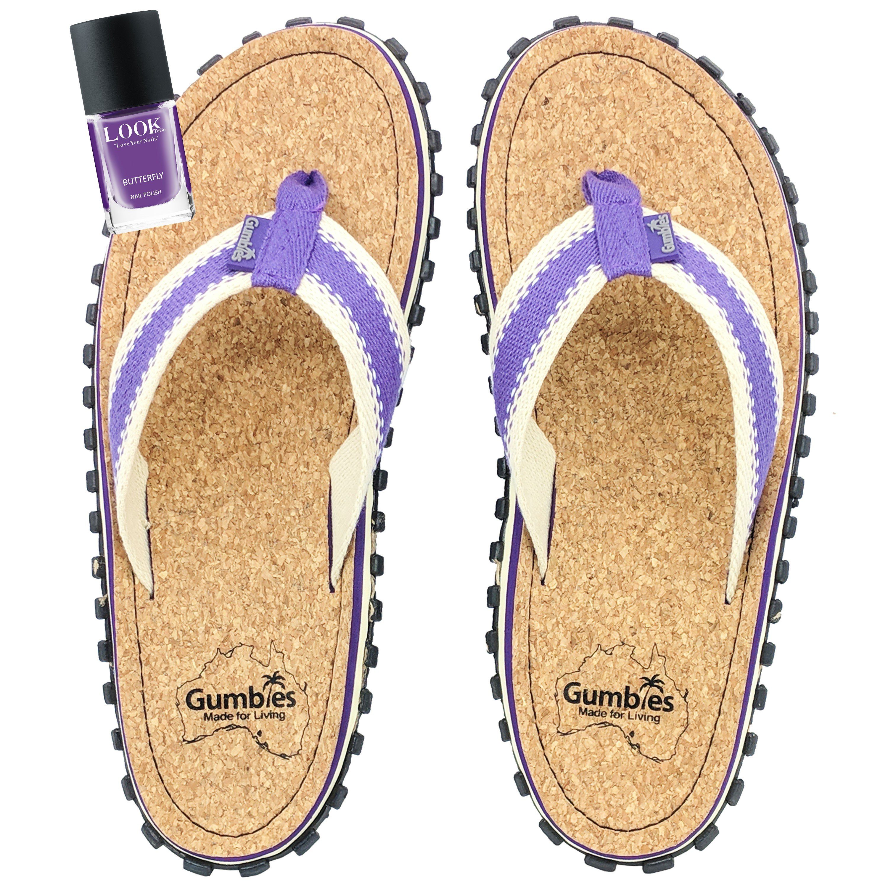 Gumbies Corker Purple mit passendem Nagellack T-Strap-Zehentrenner aus recycelten Materialien