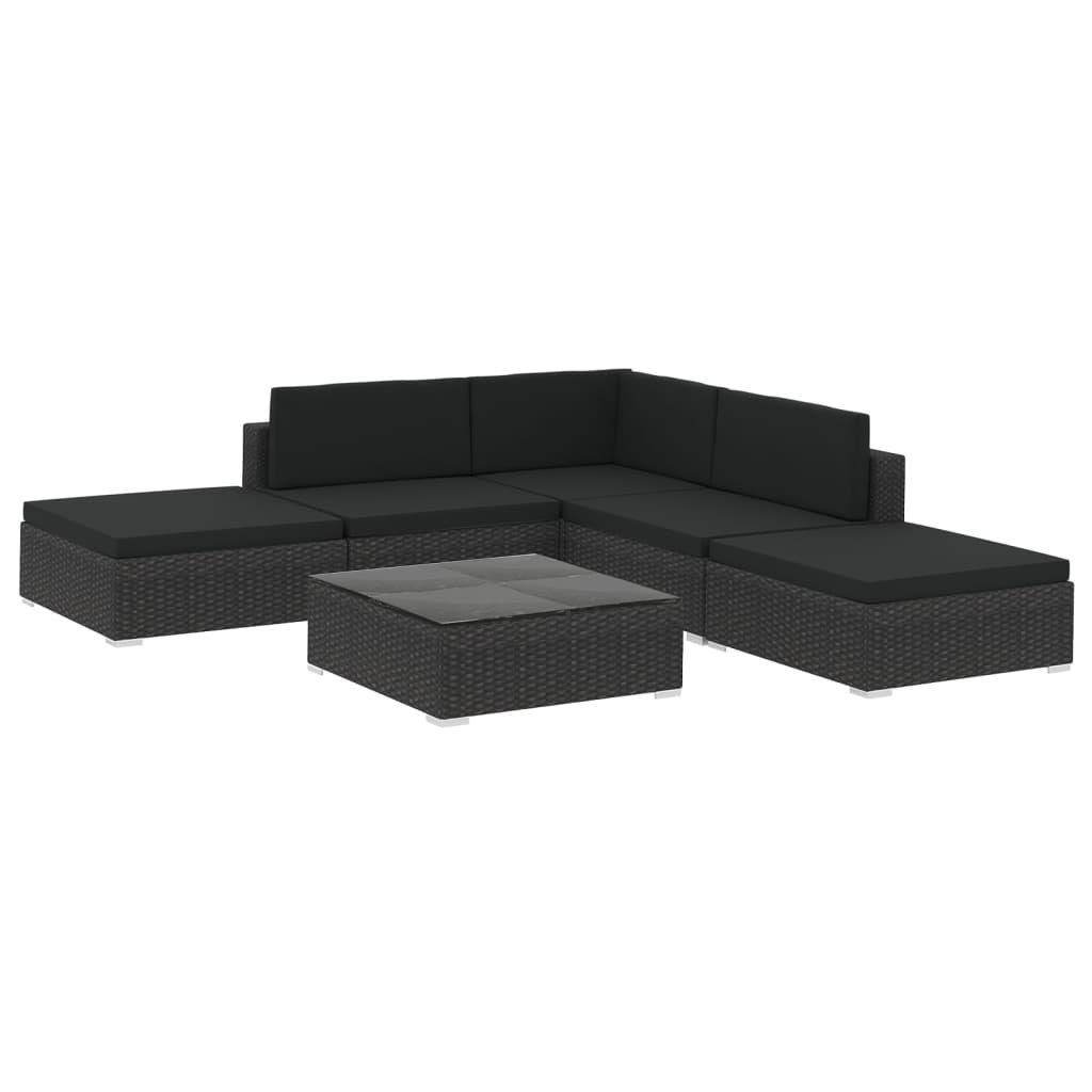 vidaXL Gartenlounge-Set 6-tlg. Garten-Lounge-Set mit Kissen Poly Rattan Schwarz, (6-tlg)