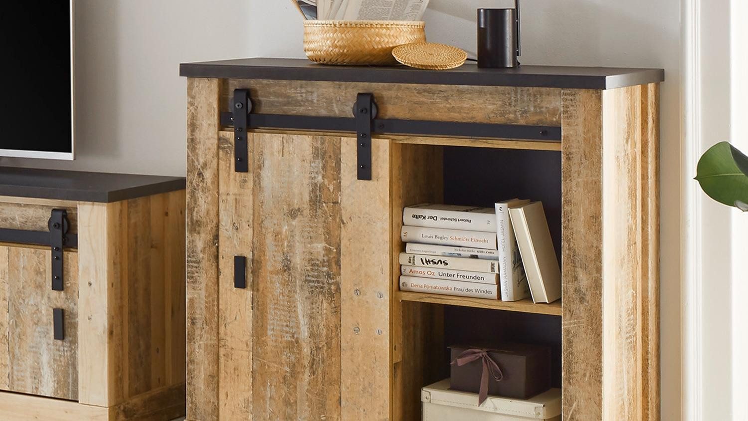 Möbel Akut Wohnwand Wohnwand Sherwood W3 Old Style hell anthrazit soft-close, (4-St)