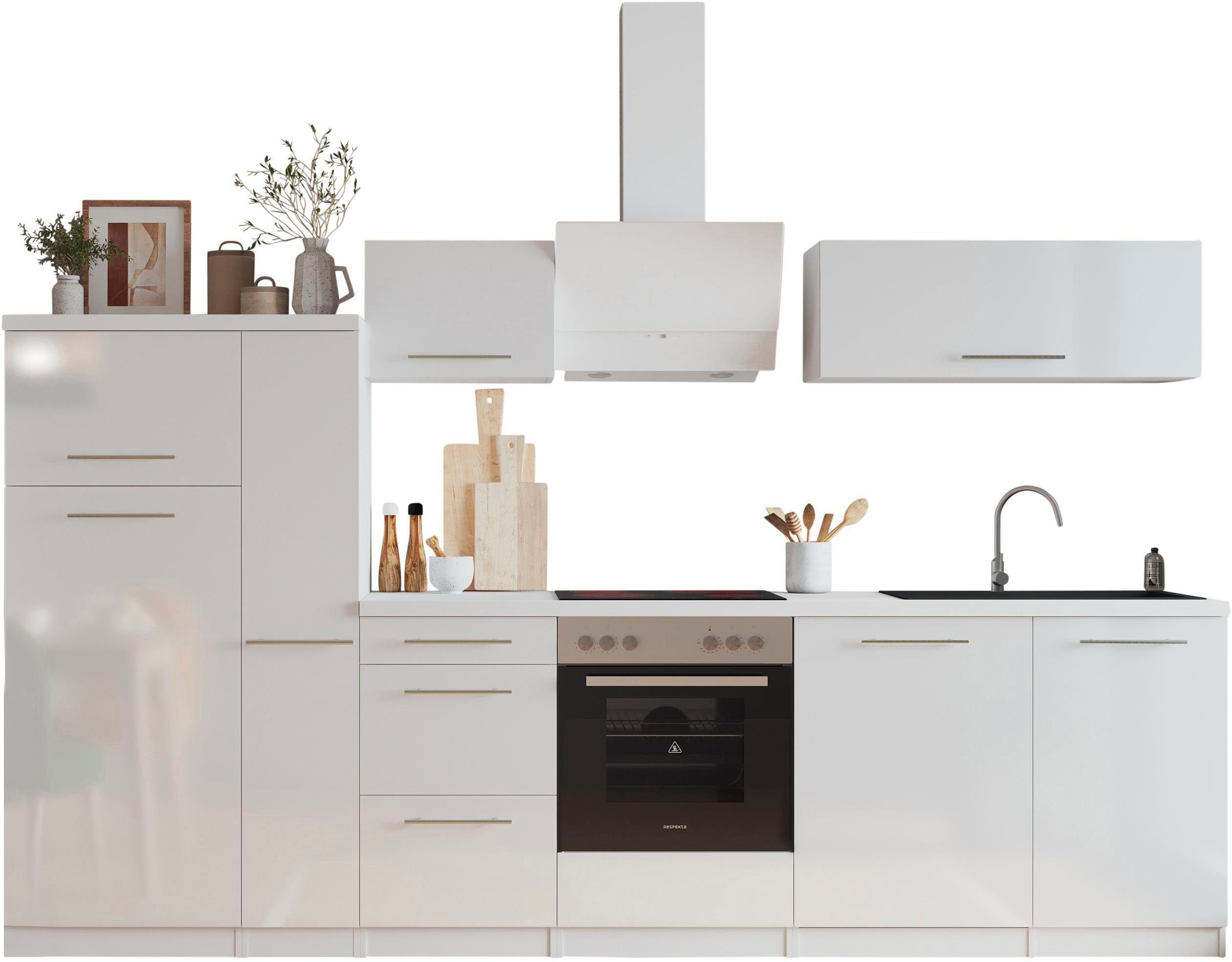 Front: Weiß Hochglanz | Korpus: Weiß | Arbeitsplatte: Weiß