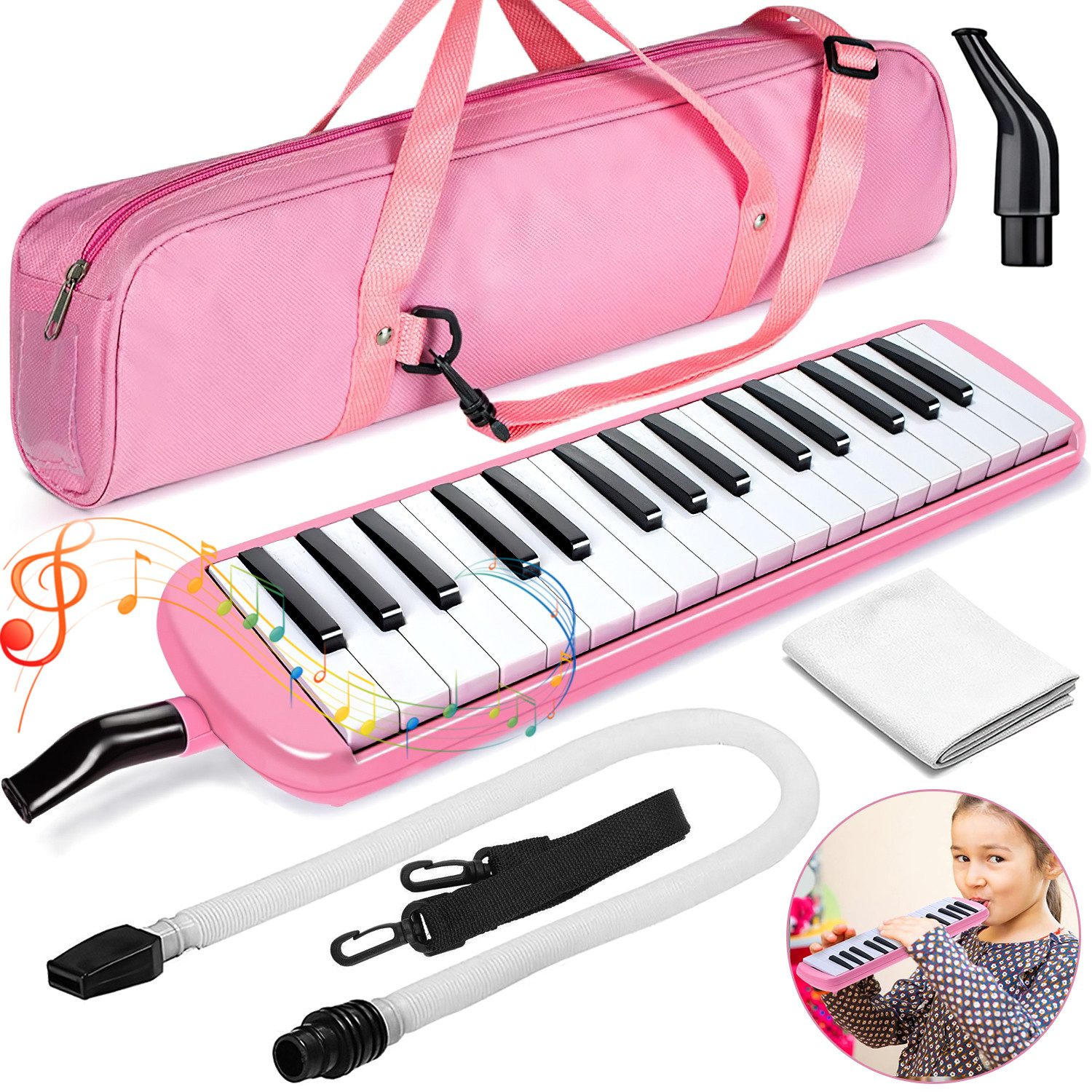 Avisto 32 Tasten Melodica Blasharmonika für Kinder mit Tragetasche Rosa Melodica, Im Lieferumfang enthalten sind eine Tragetasche, ein langer und ein kurzer Luftschlauch, ein verstellbarer Schultergurt und ein Reinigungstuch., Das robuste Gehäuse aus ABS-Kunststoff