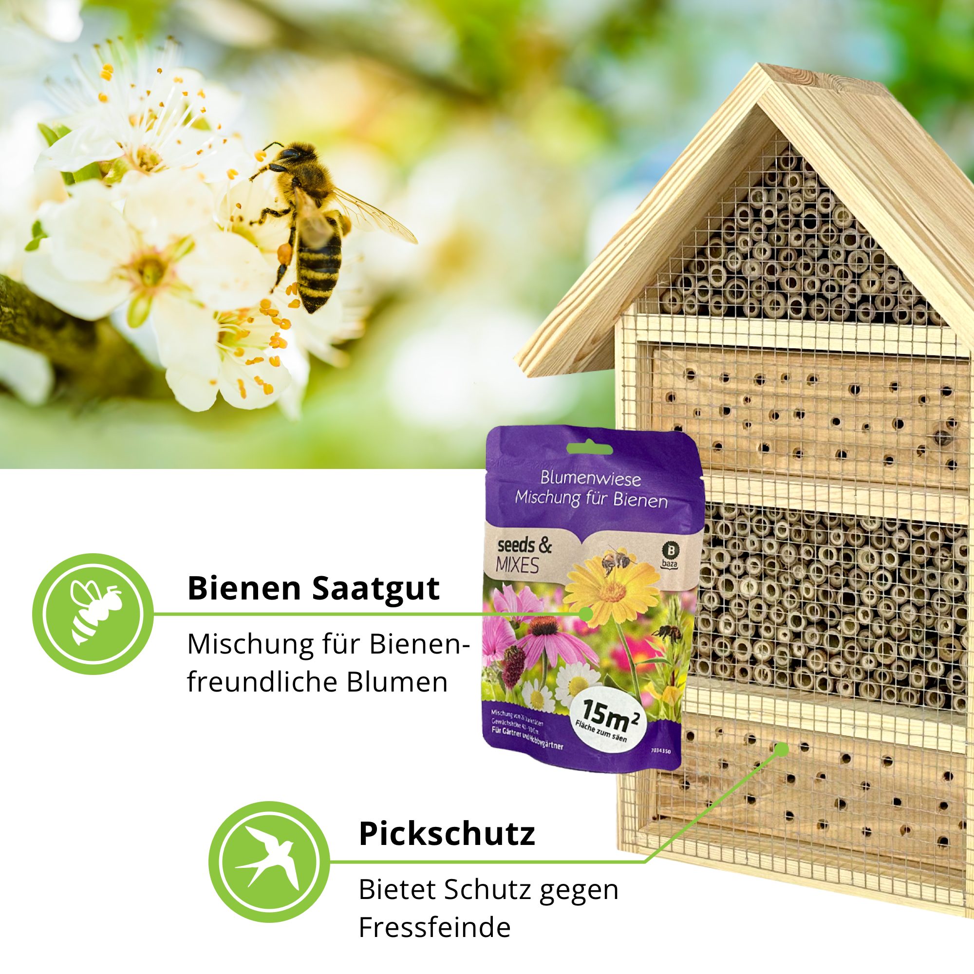 gartenetage Insektenhotel DIY Bienenhotel Geschenkset – Bienenparadies aus Bambus & Vollholz, Inklusive Blumenwiese Mischung, Einfache Montage, Perfektes Geschenk