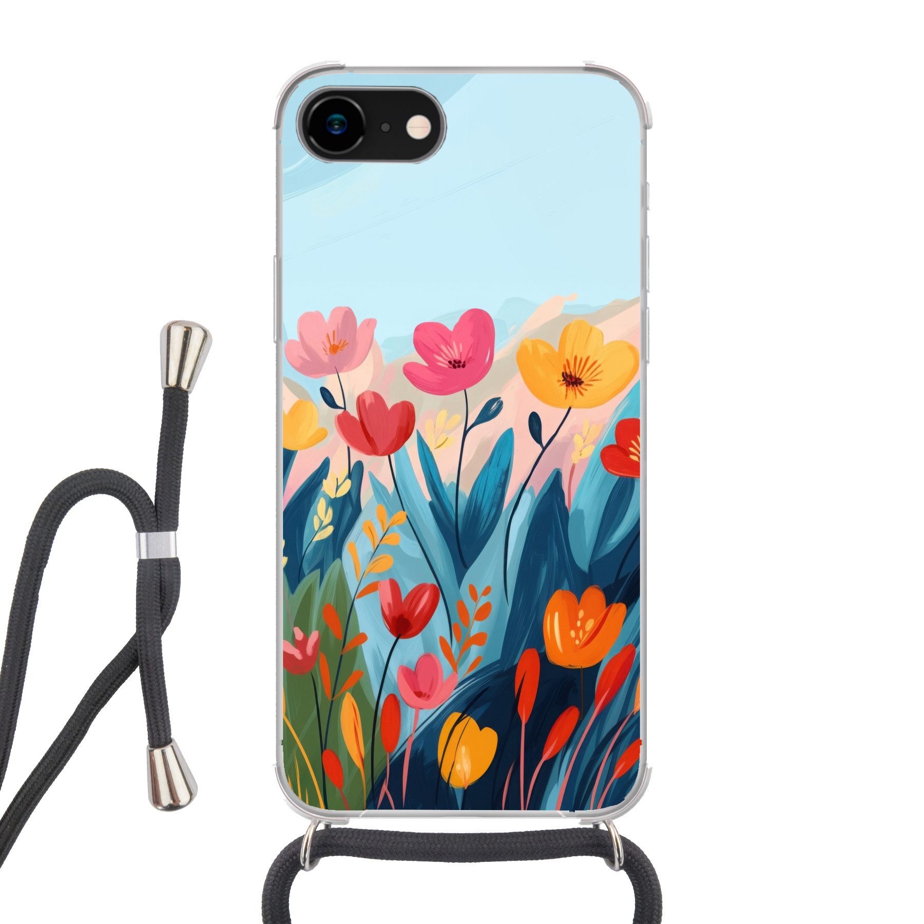 MuchoWow Handyhülle für Apple iPhone 7 Illustration - Blumen - Farbenfroh, Tragbare Handyhüllen mit Kette zum umhängen, Handykette Handyband