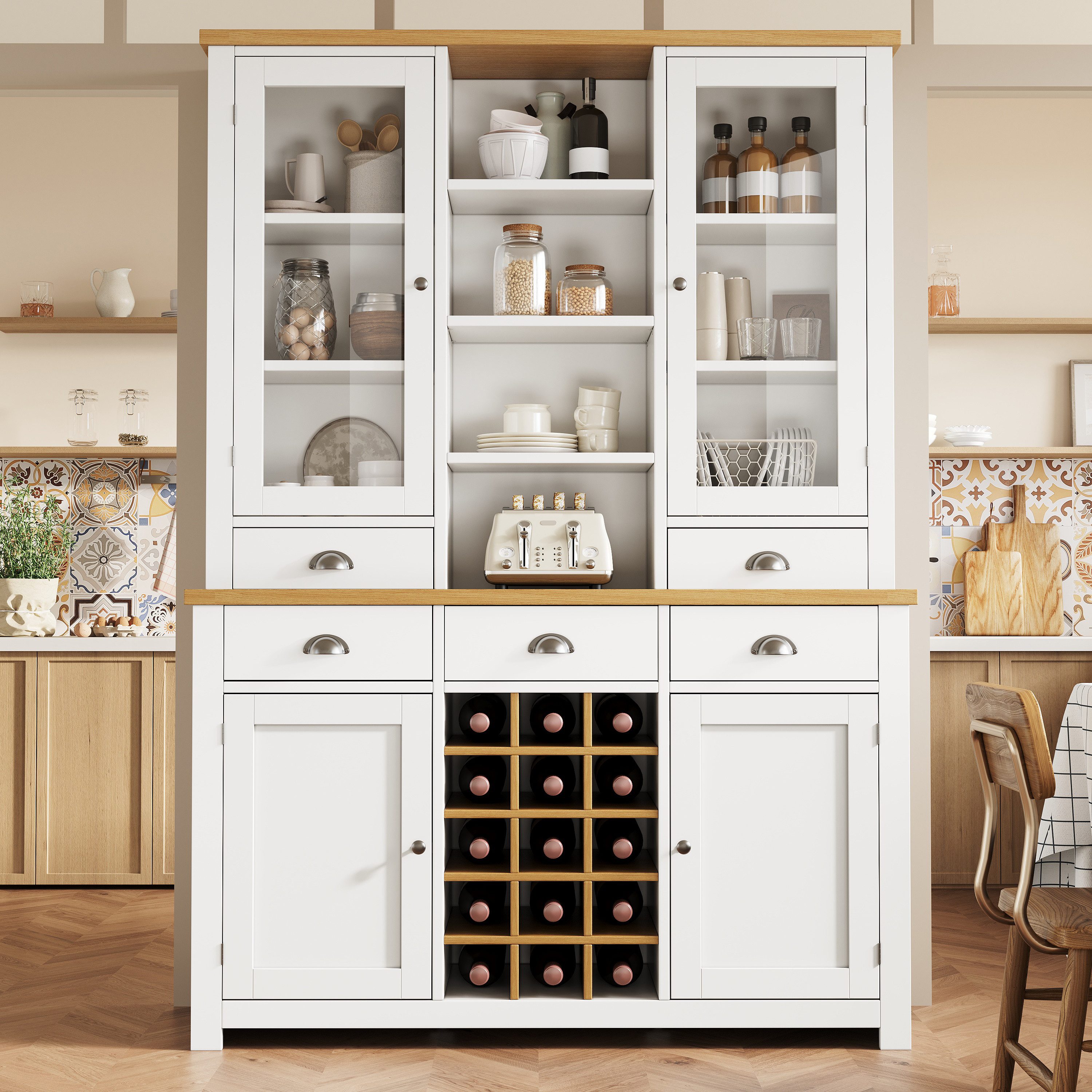 Odikalo Küchenbuffet Küchenschrank vitrinenschrank Hochschrank mit Regal & Stauraum (Mehrzweck-Hochschrank für Zuhause mit Kippschutz Standschrank für Küche und Wohnzimmer mit Glastür Metallgriffen und Soft-Close-Funktion herausnehmbares Weinregal)