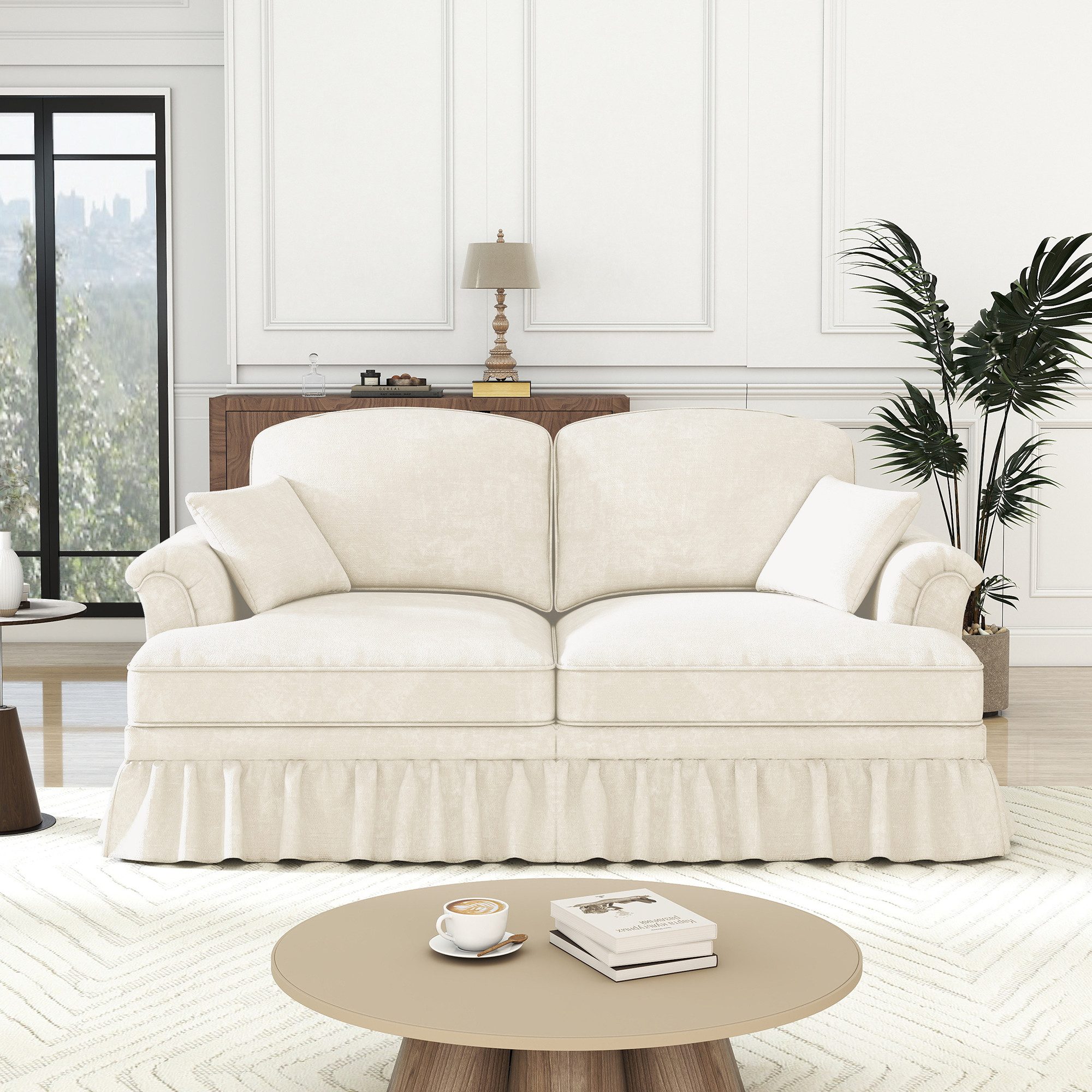 Odikalo Big-Sofa Ecksofa mit Schlaffunktion und Volant, Elegantes Mid-Century 2-3-4-5-Sitzer Sofa aus Chenille mit Trichter-Armlehnen, abnehmbarer Rüschenschürze & spindelförmigen Beinen – Komfortables Sofa fürs Wohnzimmer, Mehrfarbig