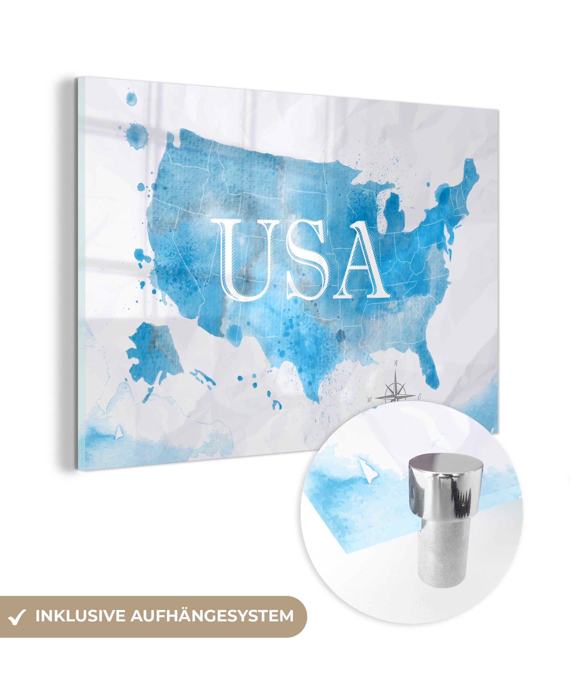 MuchoWow Acrylglasbild Vereinigte Staaten - Weltkarte - Aquarell, (1 St), Glasbilder - Bilder auf Glas Wandbild - Foto auf Glas - Wanddekoration