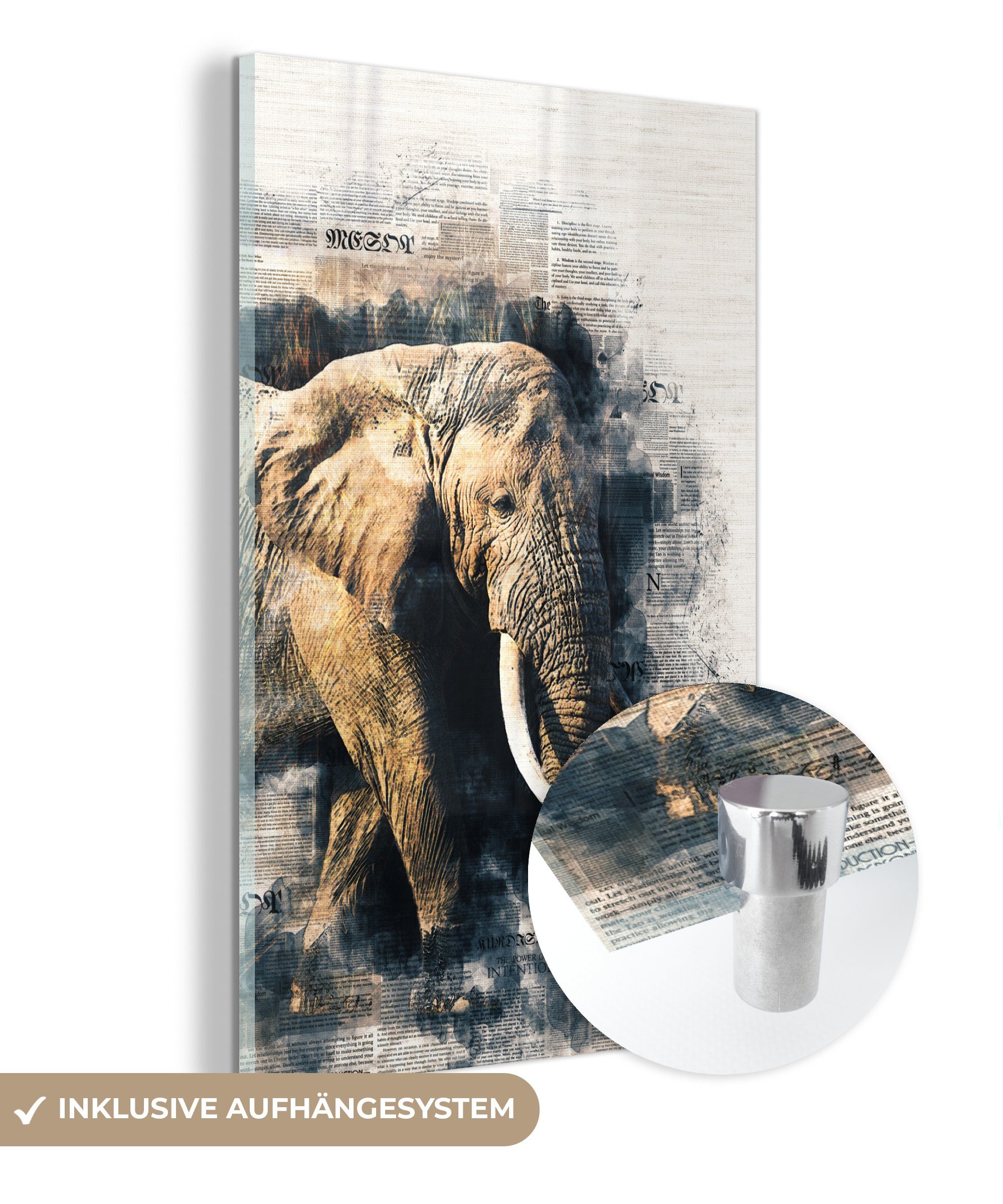 MuchoWow Acrylglasbild Elefant - Farbe - Zeitungspapier, (1 St), Glasbilder - Bilder auf Glas Wandbild - Foto auf Glas - Wanddekoration bunt