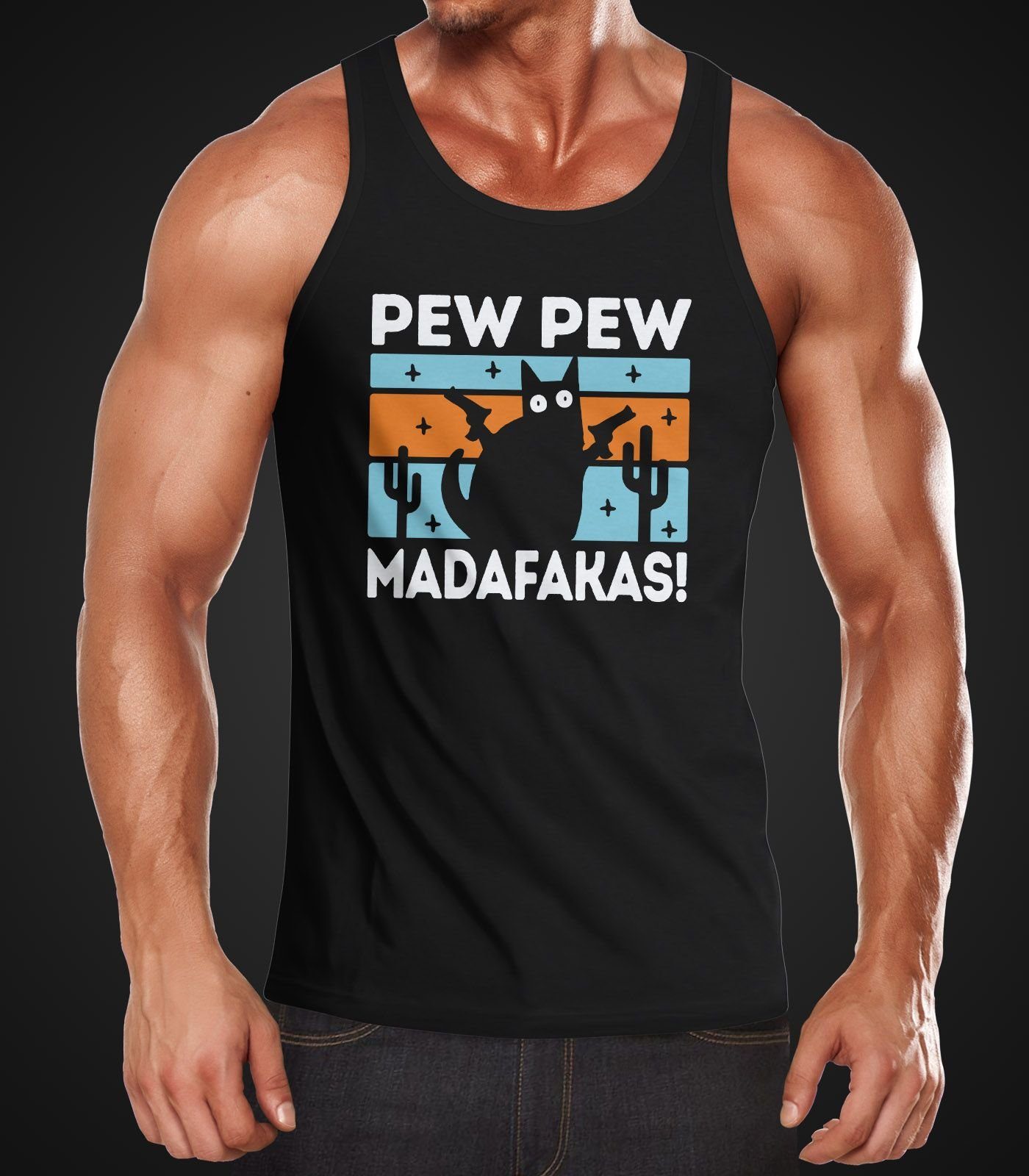 MoonWorks Tanktop Herren Tanktop Pew Pew Madafakas Katze Cat crazy verrückt günstig online kaufen