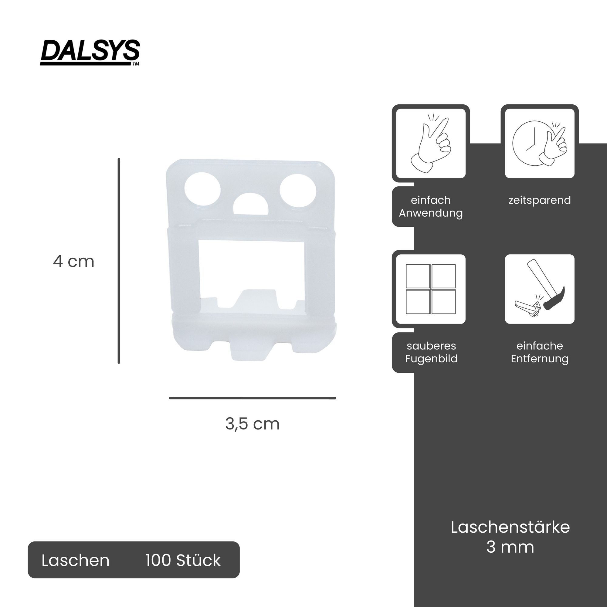 Dalsys Nivelliersystem für Fliesen enthält (3mm) 100 Laschen, 100-St., Fliesenleger Werkzeug für präzises Fugenbild) Zuglaschen, Verlegehilfe Set, Fliesenleger Werkzeug